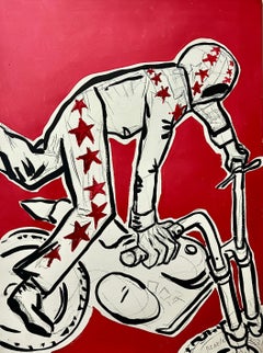 Evel Knievel (Red): Large Figurative Drawing Red Acrylic Paint Oil Pastel