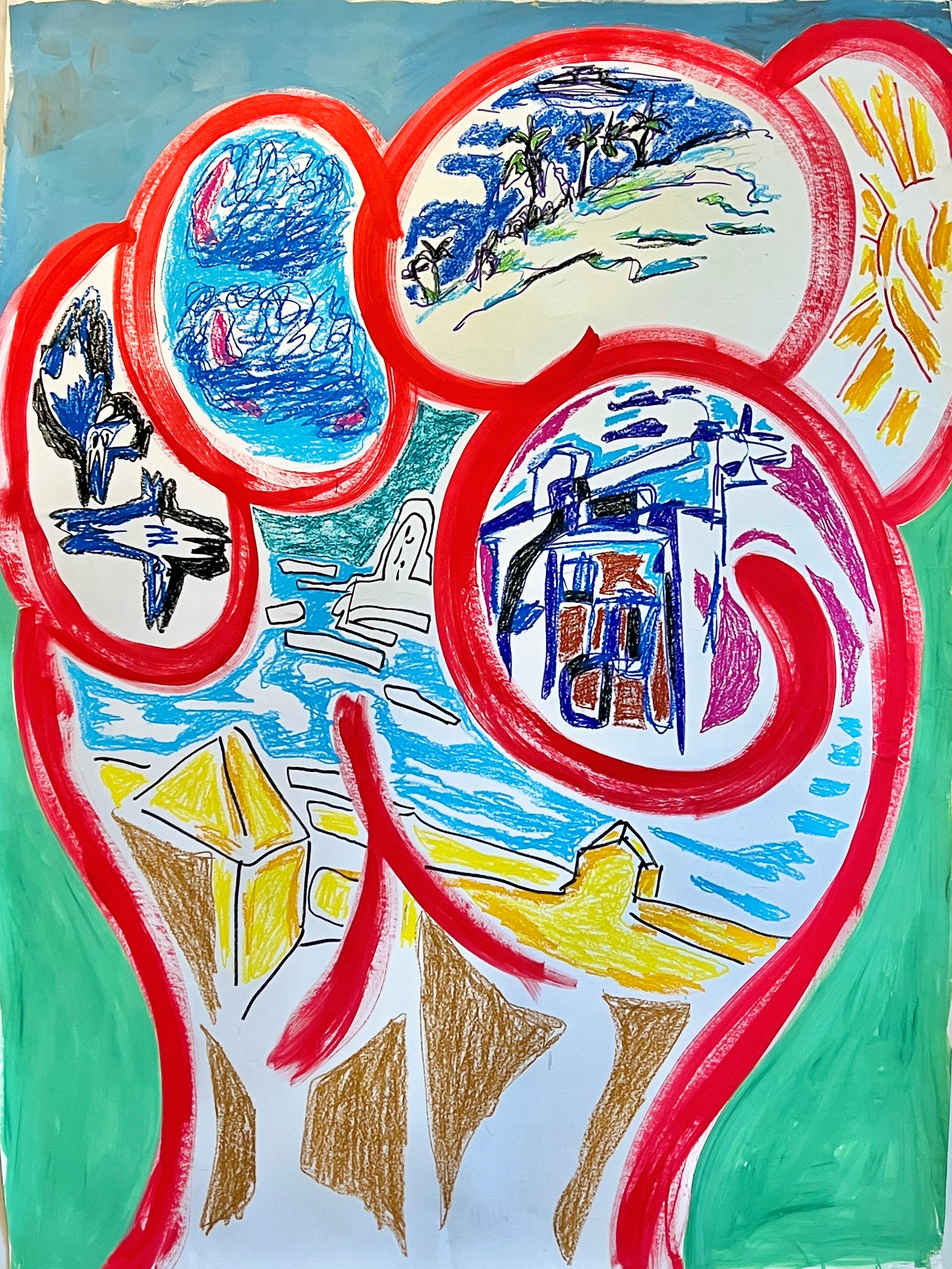 Renelio Marin Abstract Drawing - Hand Island: Large Contemporary Pop Art Drawing Acrylic and Pastel