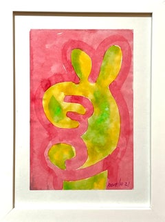 Hand Sign 3: Contemporary Pop Art Watercolor Painting on Paper, Pink and Green