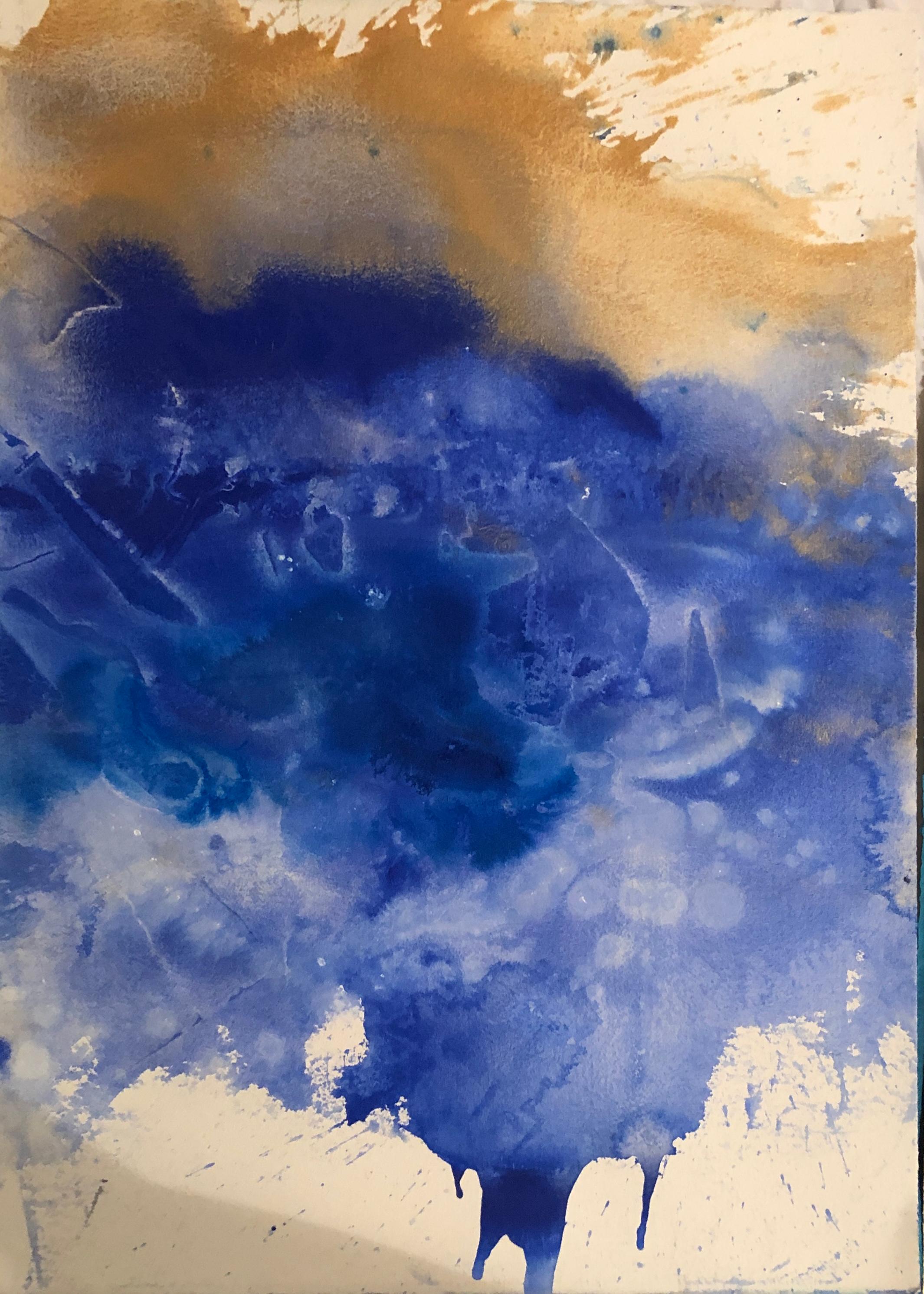 Nancy Pantirer: Underwater Series. Unique Blue and Gold Watercolor Painting
