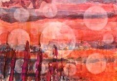 Lunes et soleils. paysage abstrait aquarelle et acrylique sur papier contemporain