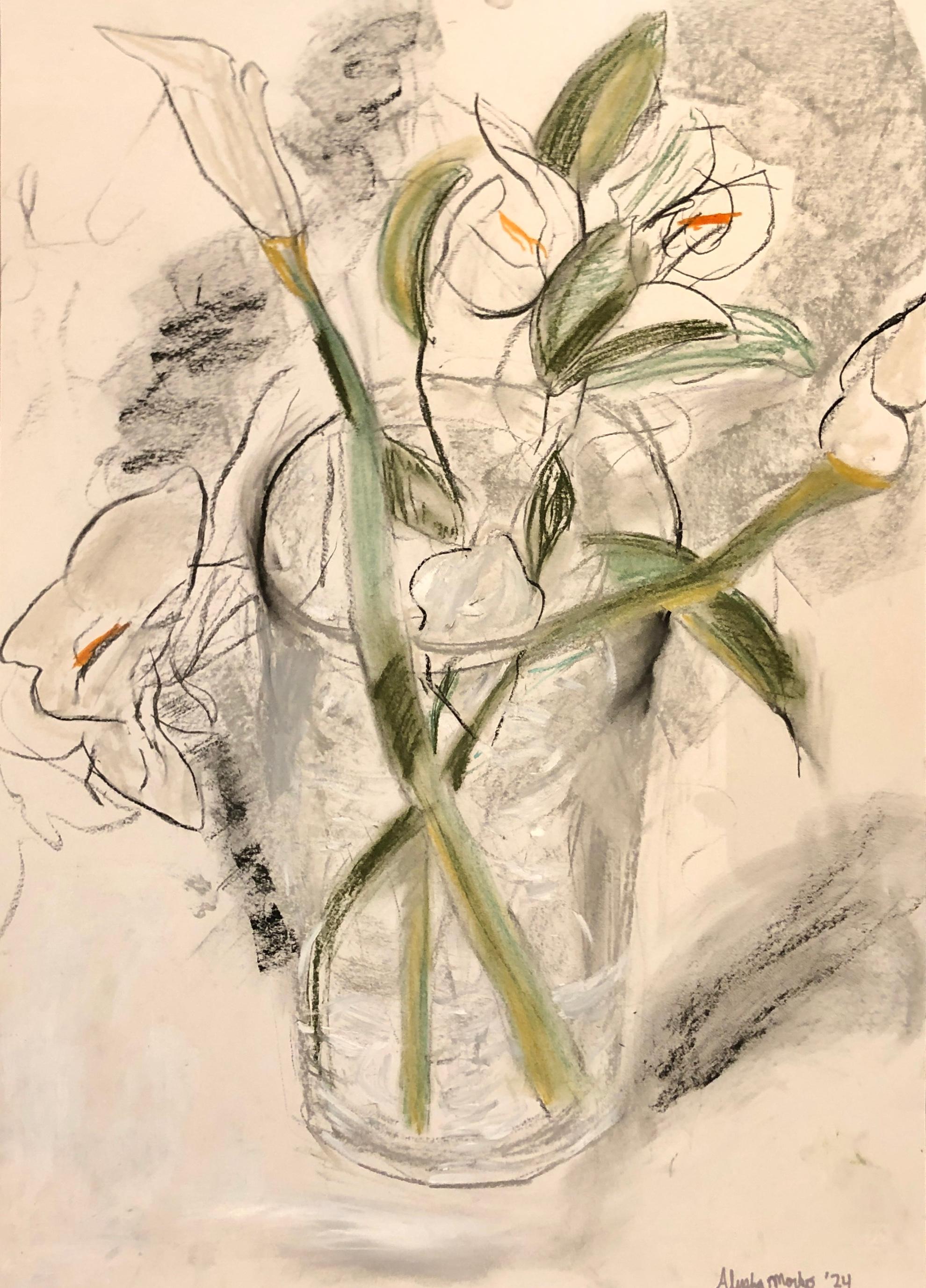 Las flores del Armory Show. Carboncillo coloreado, acrílico sobre papel italiano florales