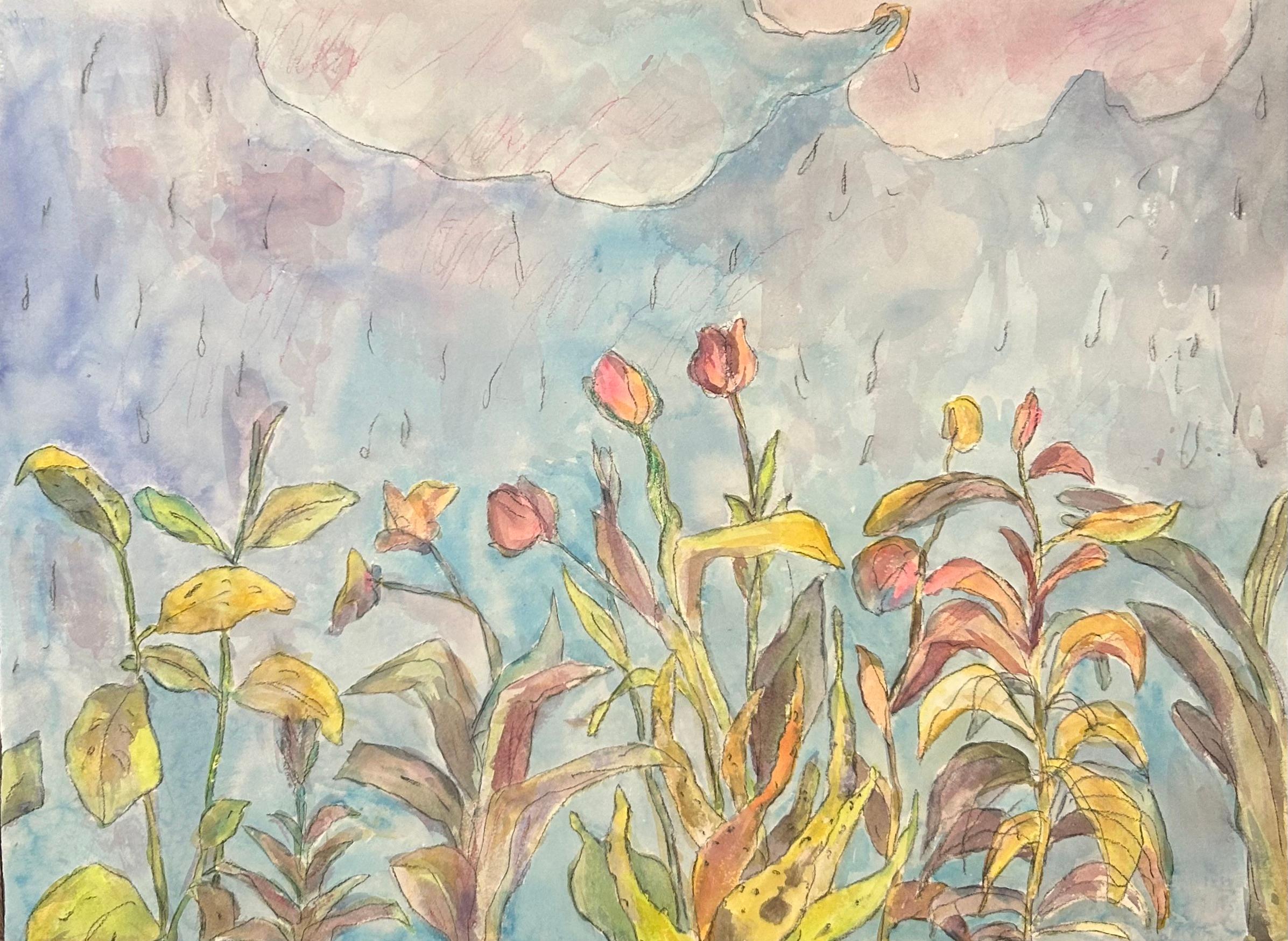 Abstraktes, geblümtes Wetter-Aquarellgemälde auf Papier