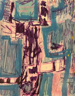 Abstrakt-expressionistische blau-lila Zeichnung auf Papier