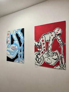 Evel Knievel (Rosso): Grande disegno figurativo Rosso Pittura acrilica Pastello a olio