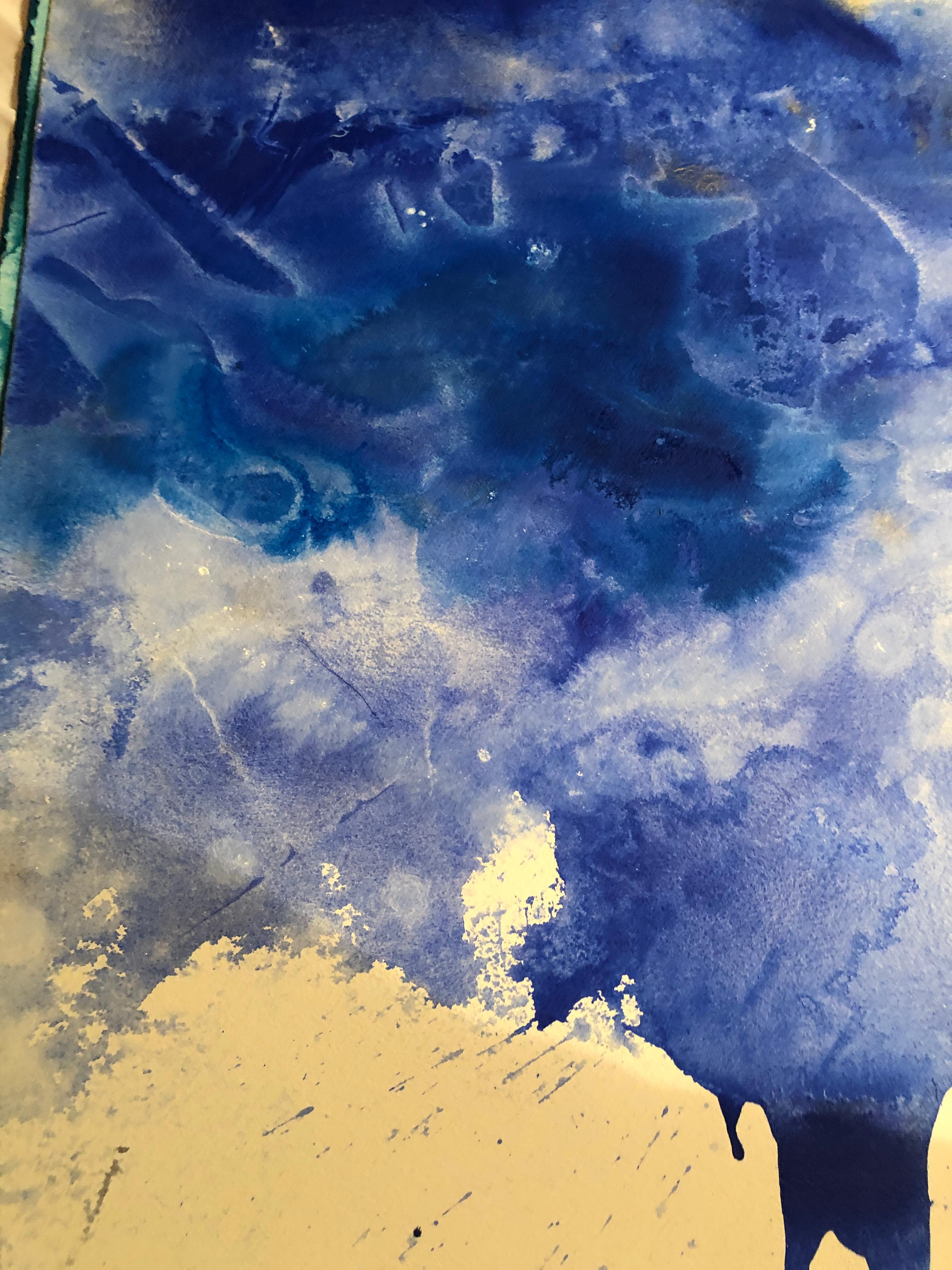 Nancy Pantirer: Underwater Series. Unique Blue and Gold Watercolor Painting For Sale 1