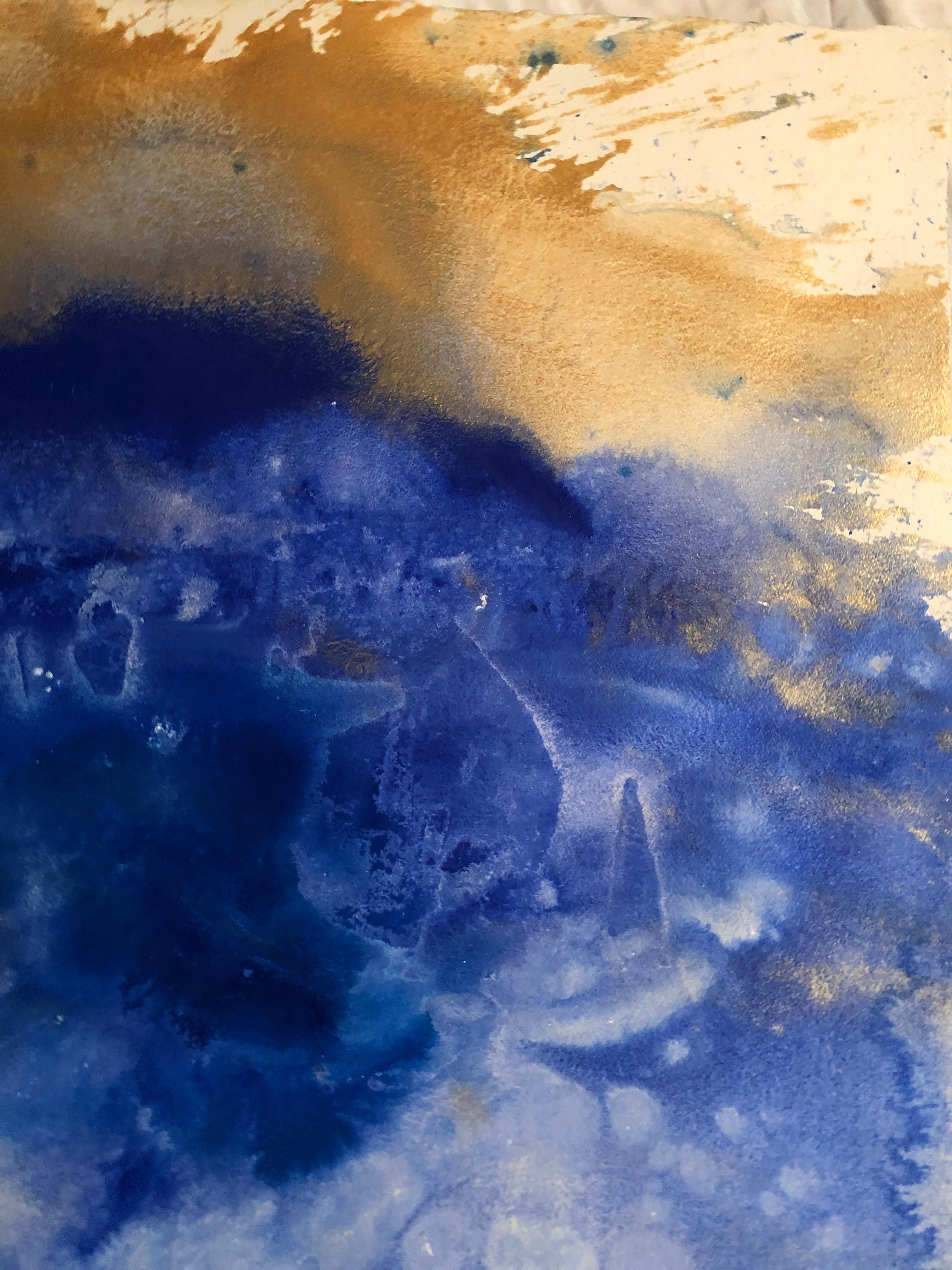 Nancy Pantirer: Underwater Series. Unique Blue and Gold Watercolor Painting For Sale 2