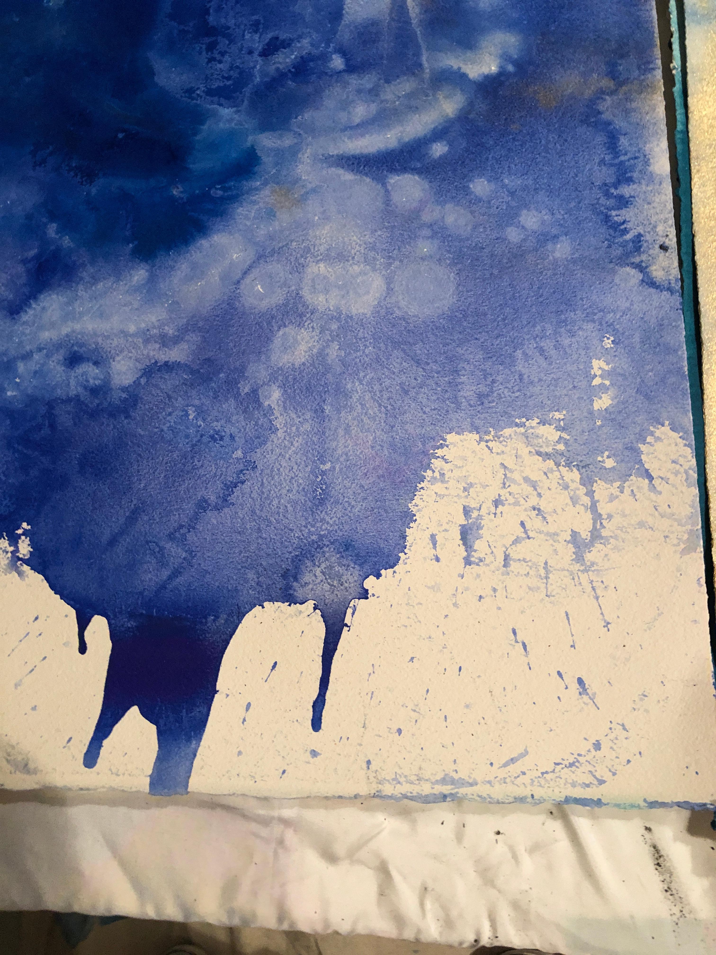 Nancy Pantirer: Underwater Series. Unique Blue and Gold Watercolor Painting For Sale 3
