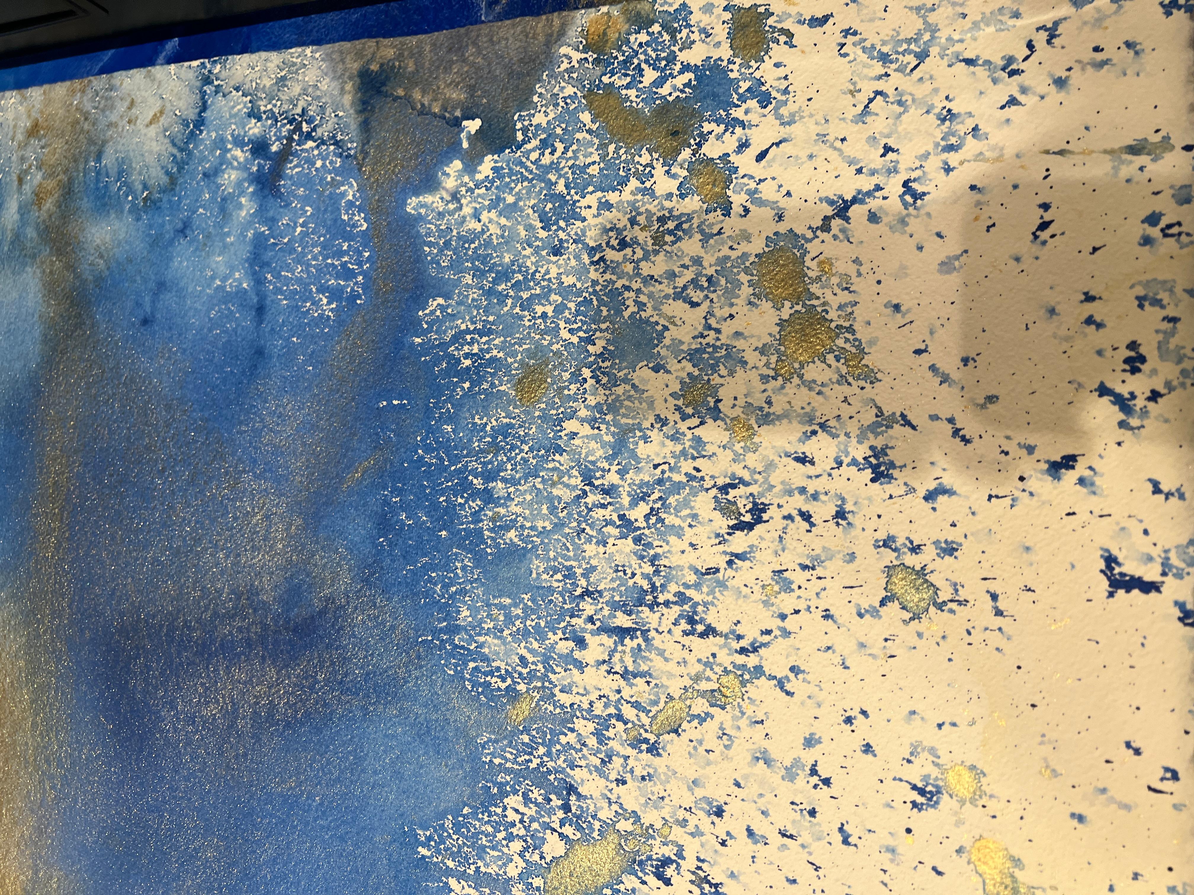 Nancy Pantirer: Serie submarina. Abstracción en acuarela azul y dorada. en venta 1