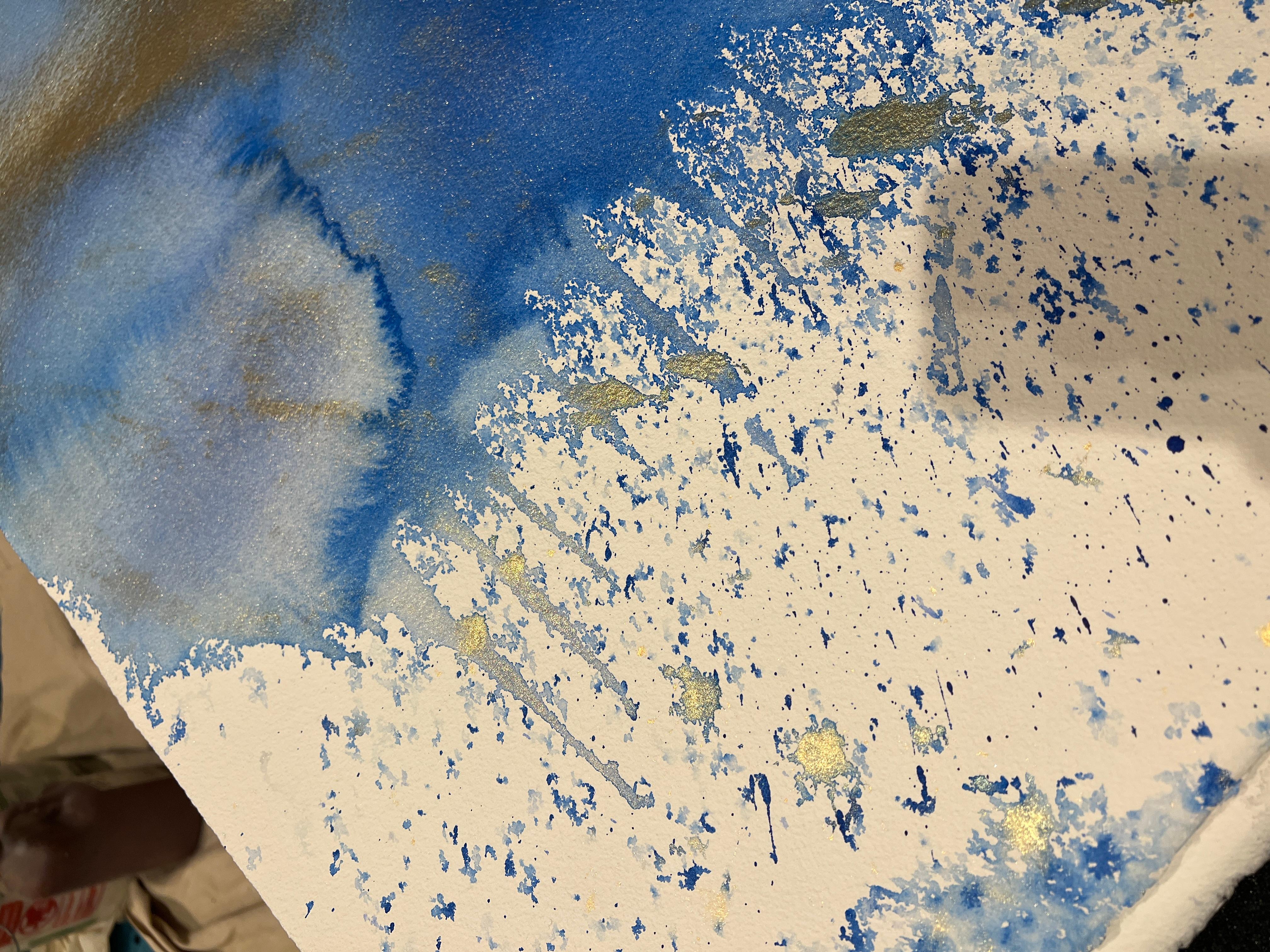 Nancy Pantirer: Serie submarina. Abstracción en acuarela azul y dorada. en venta 2