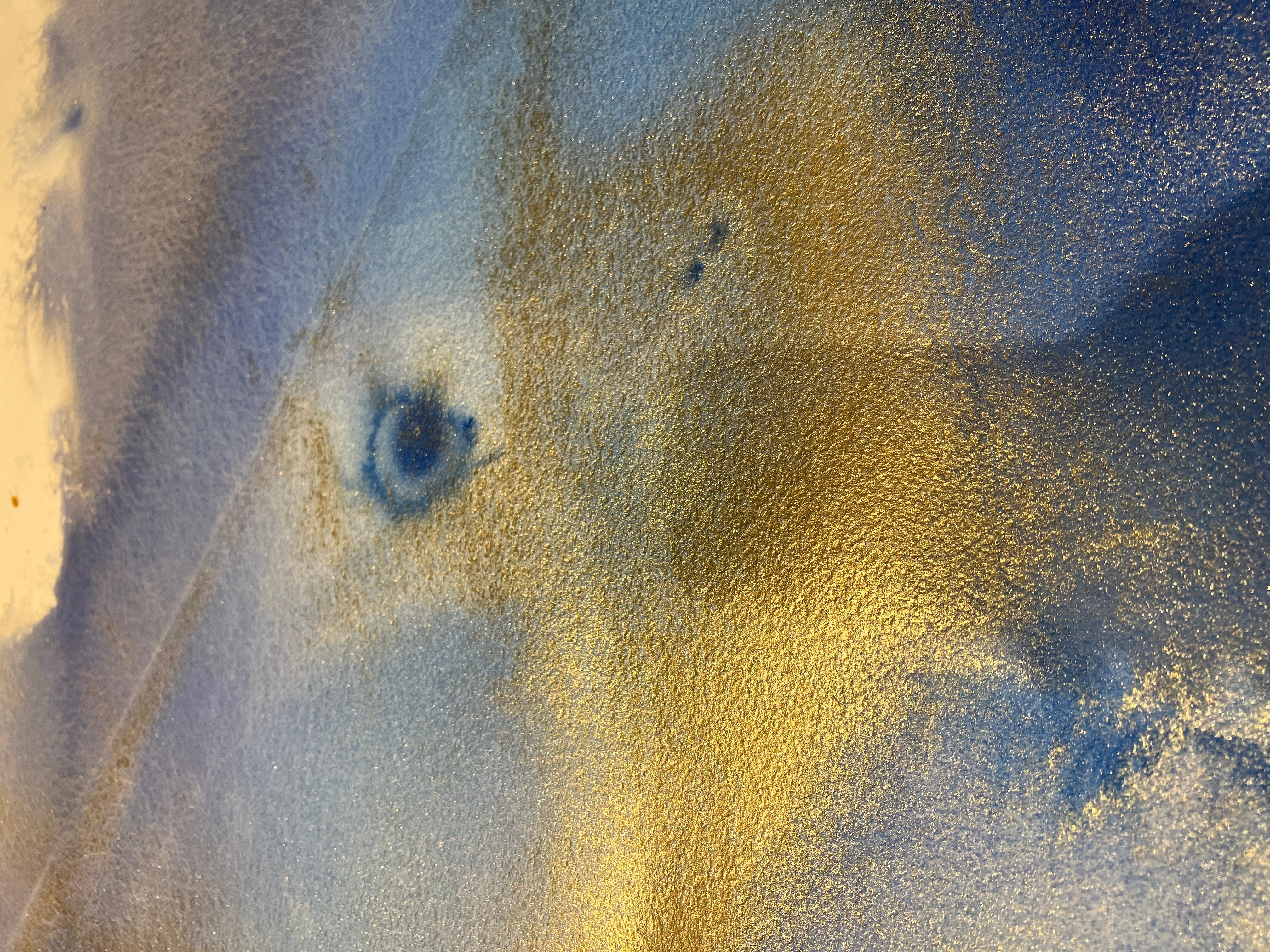 Nancy Pantirer: Serie submarina. Abstracción en acuarela azul y dorada. en venta 3