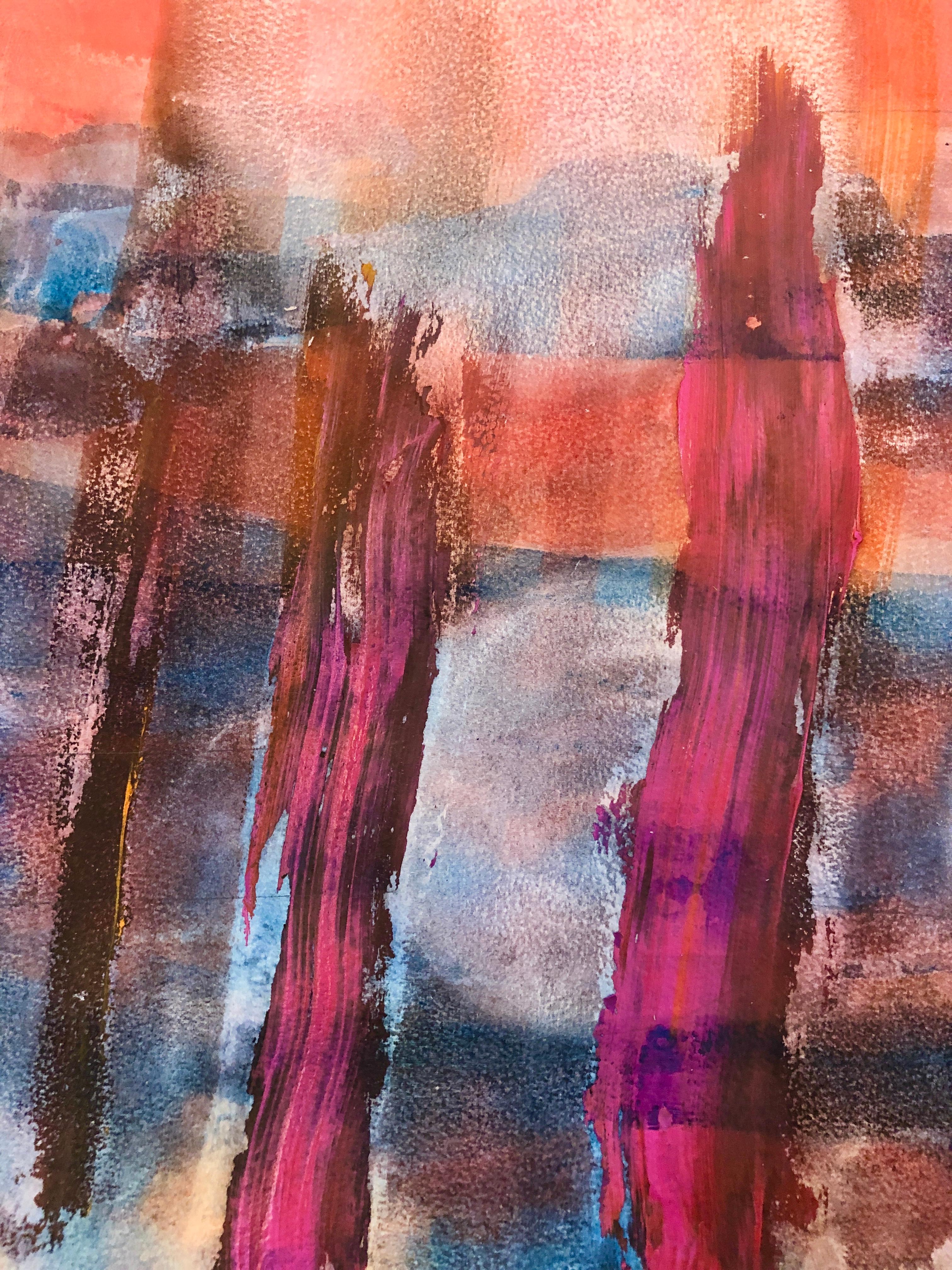 Moons and Suns. abstract landscape watercolor and acrylic on paper contemporary - Abstract Art by Renelio Marin