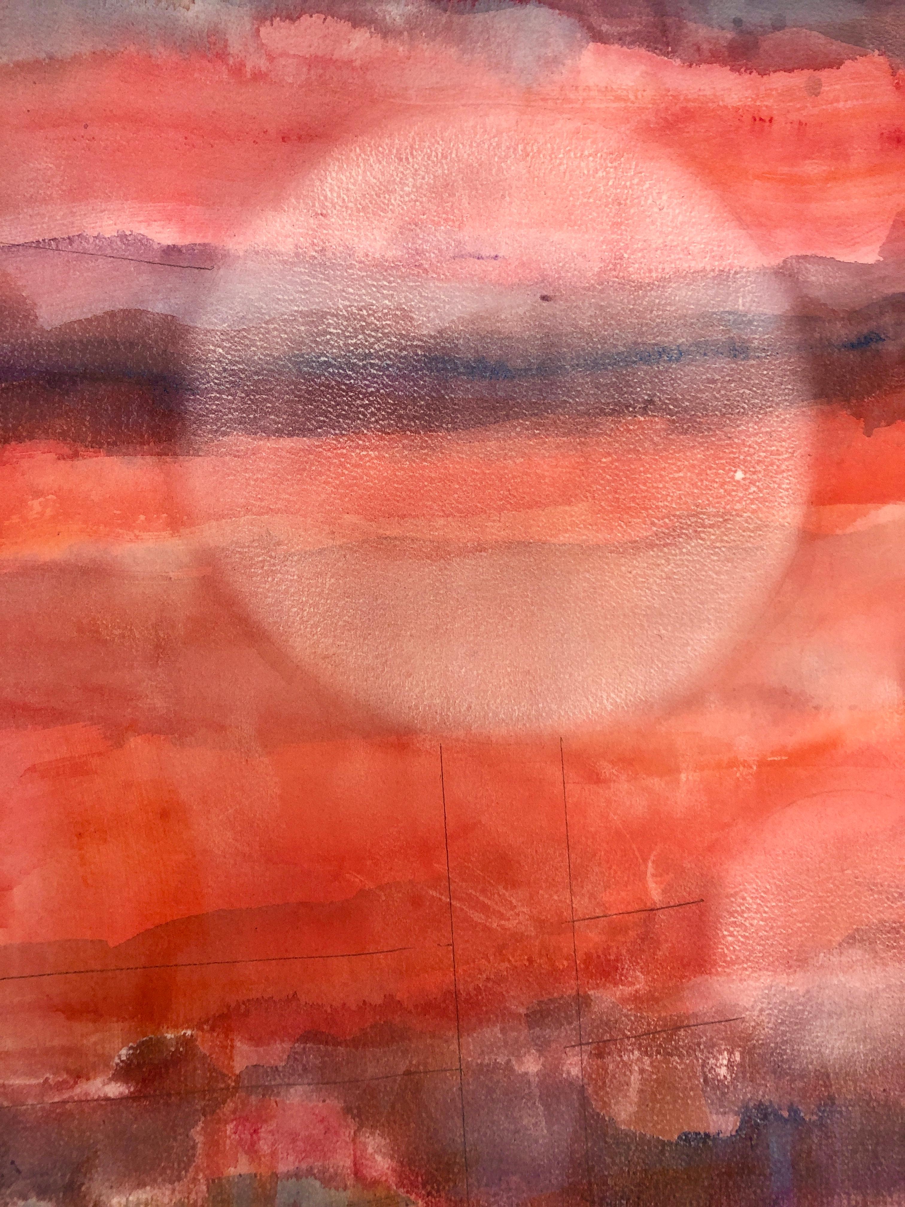 Moons and Suns. abstract landscape watercolor and acrylic on paper contemporary - Orange Abstract Drawing by Renelio Marin