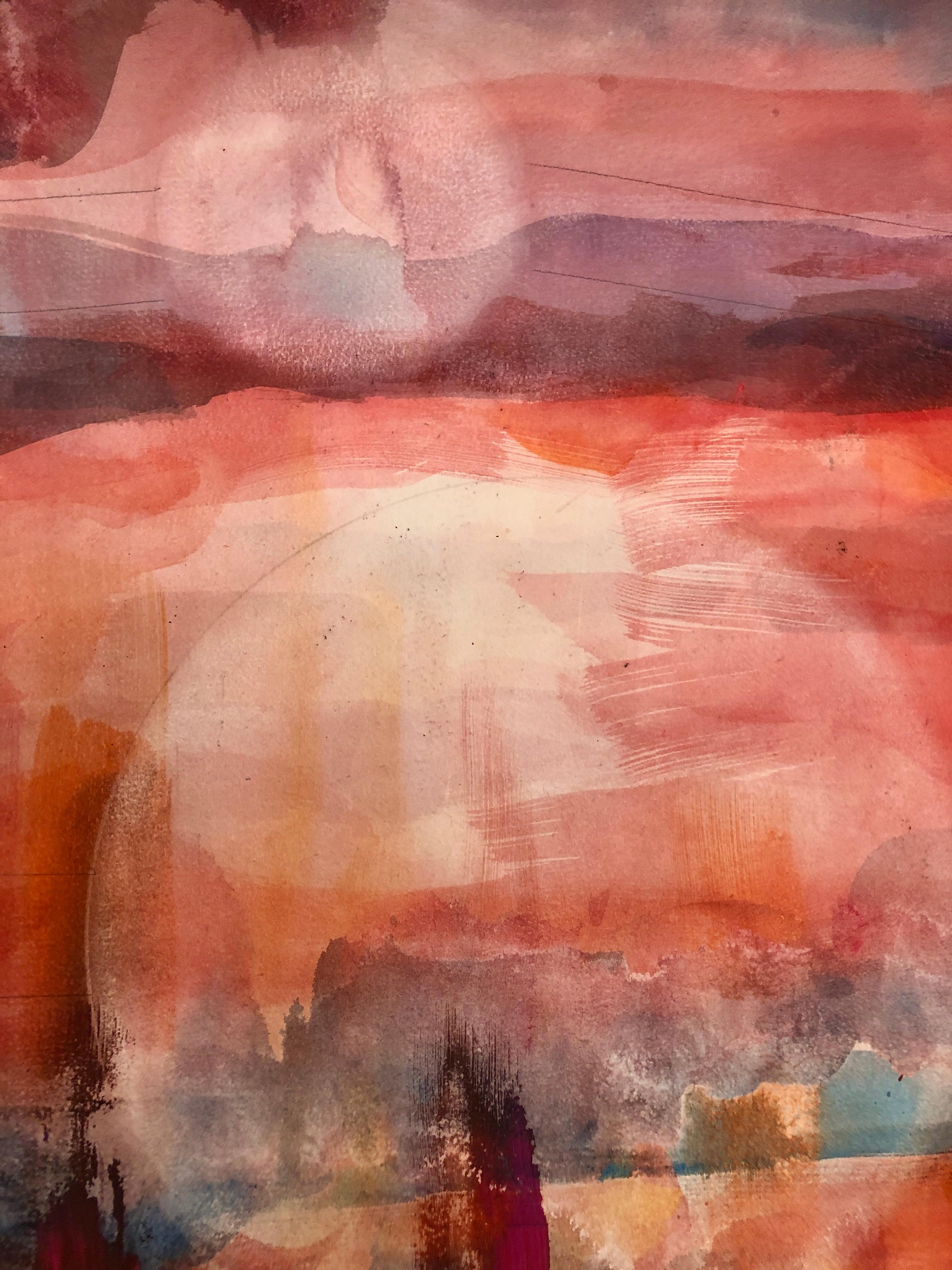 This decorative abstract expressionist watercolor includes geometric elements symbolic of suns or moons landscape. It is a perfect addition to elevate your interior design in any room of the home.  It evokes a peaceful landscape,  an energetic red