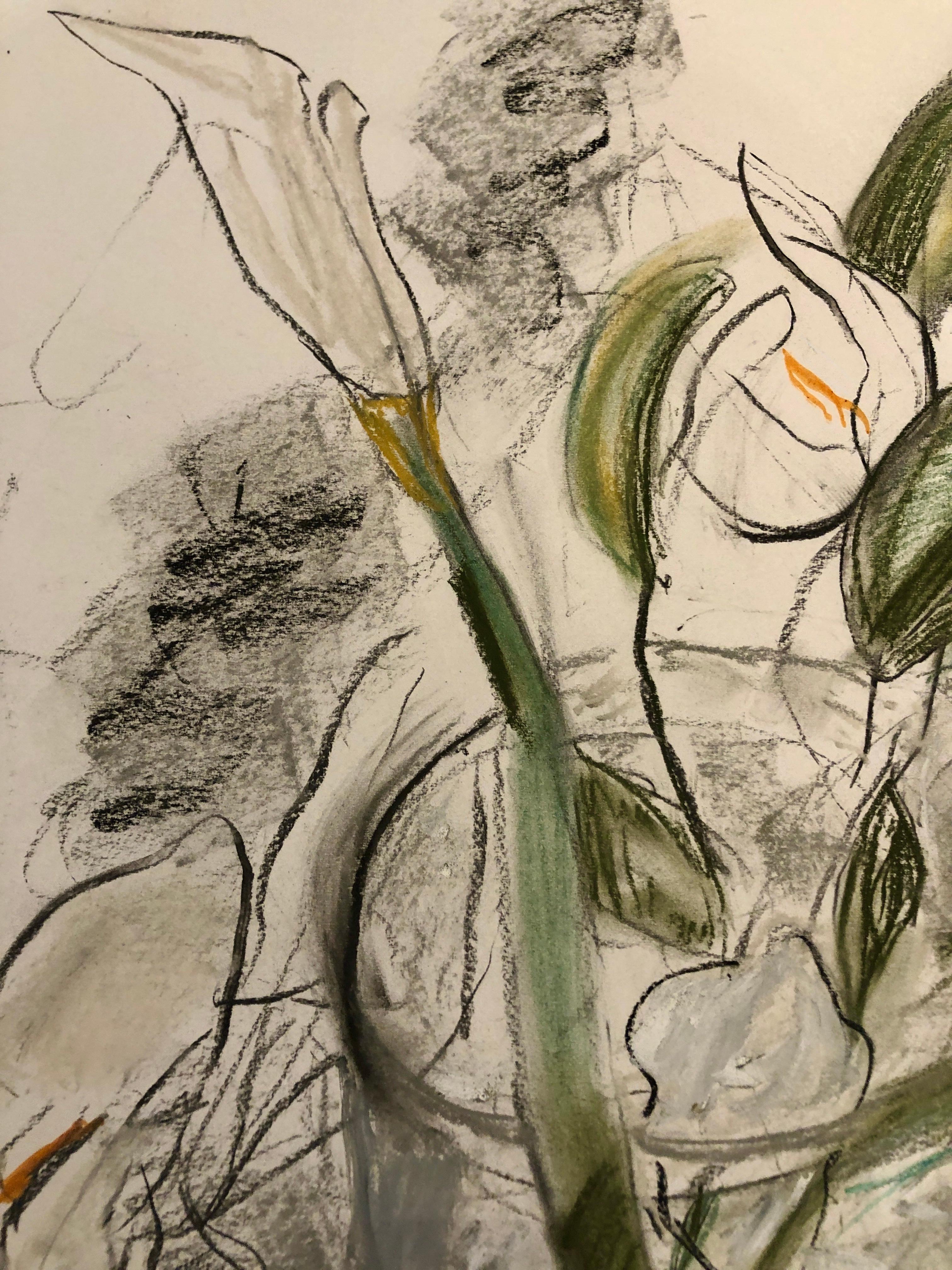 L'Armory Show Flowers fusain coloré, acrylique sur papier italien fleuri - Art de Alysha Grace Marko