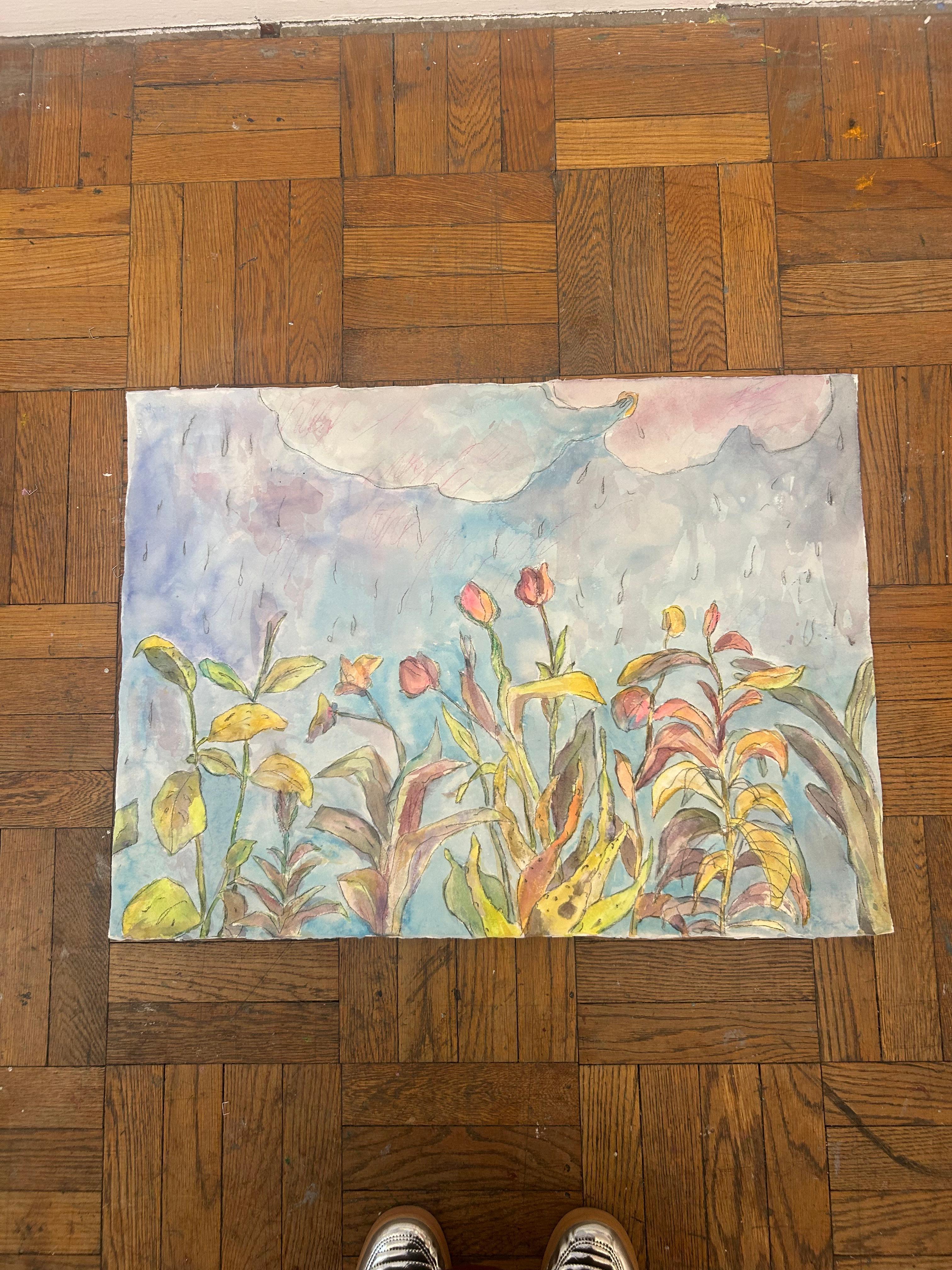 Pintura abstracta floral meteorológica en acuarela sobre papel - Landscape Art Beige de Renelio Marin