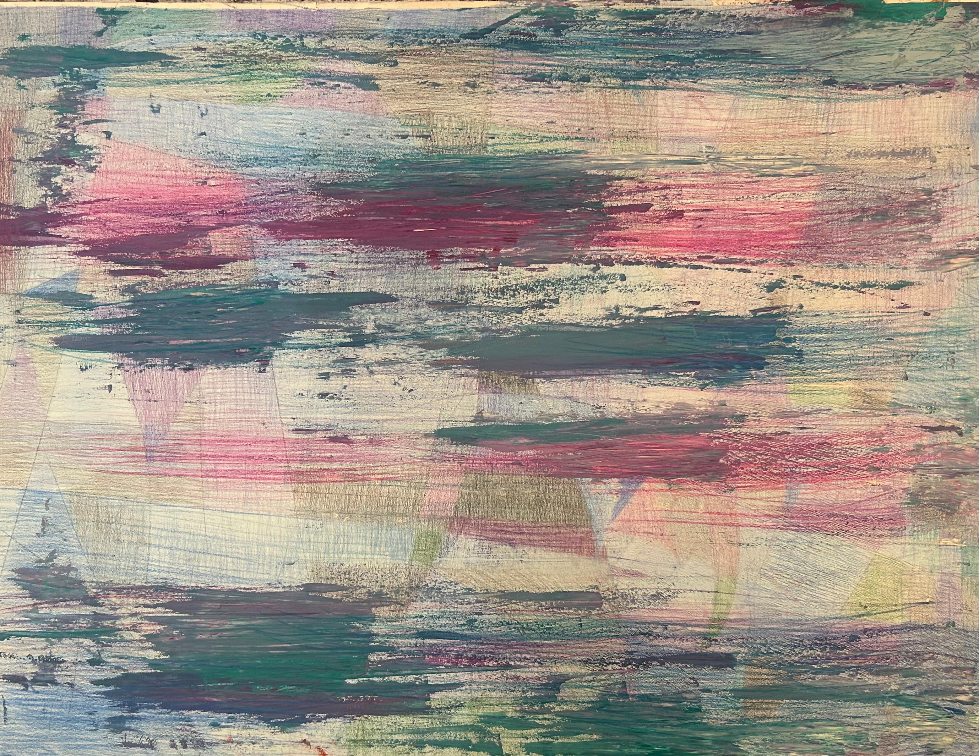 Disegno astratto su carta dai toni blu e viola pastello in vendita 5