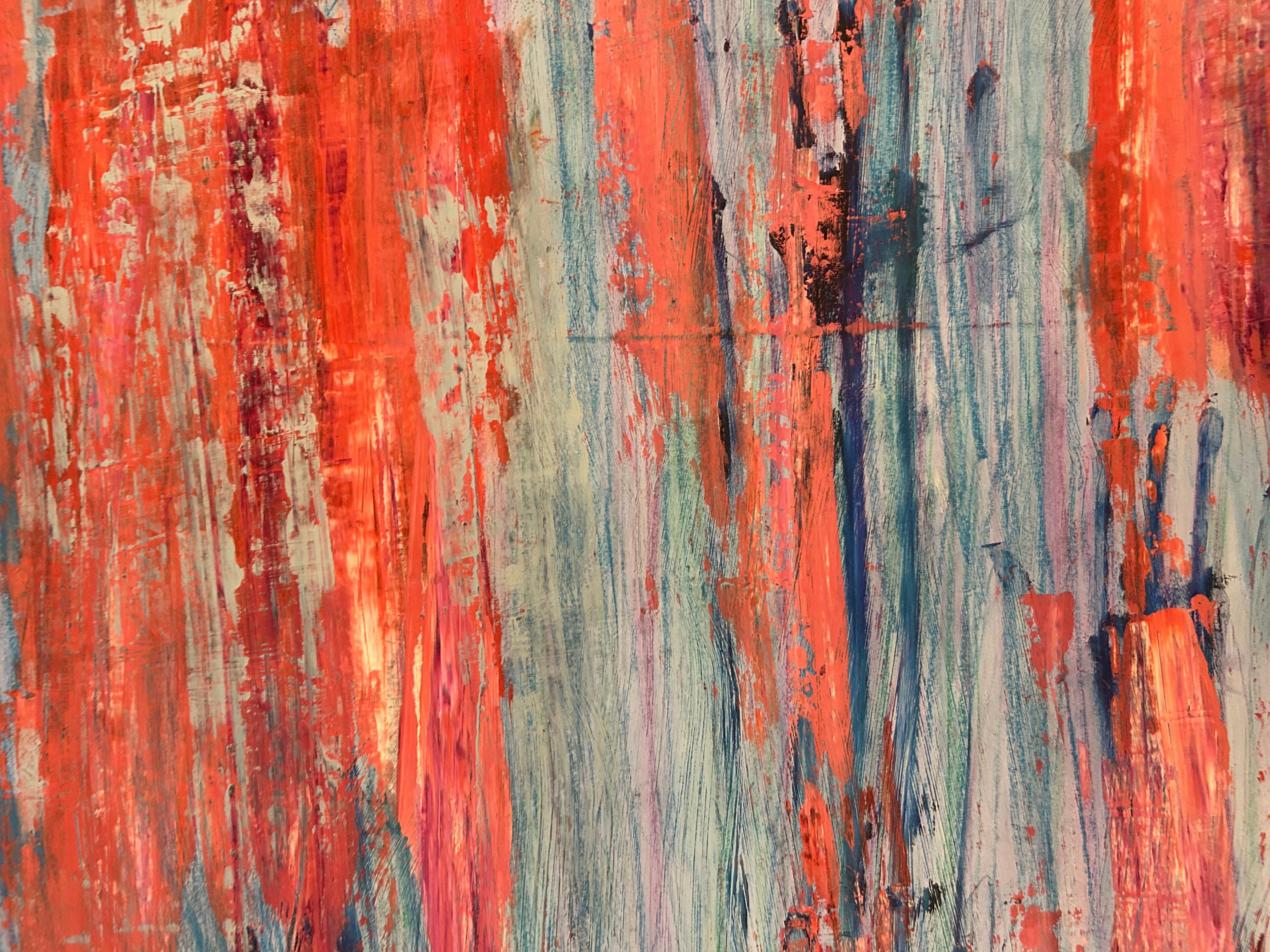 Orange und Blau Ölpastell und Gemälde in Mischtechnik auf Papier (Abstrakter Expressionismus), Mixed Media Art, von Renelio Marin