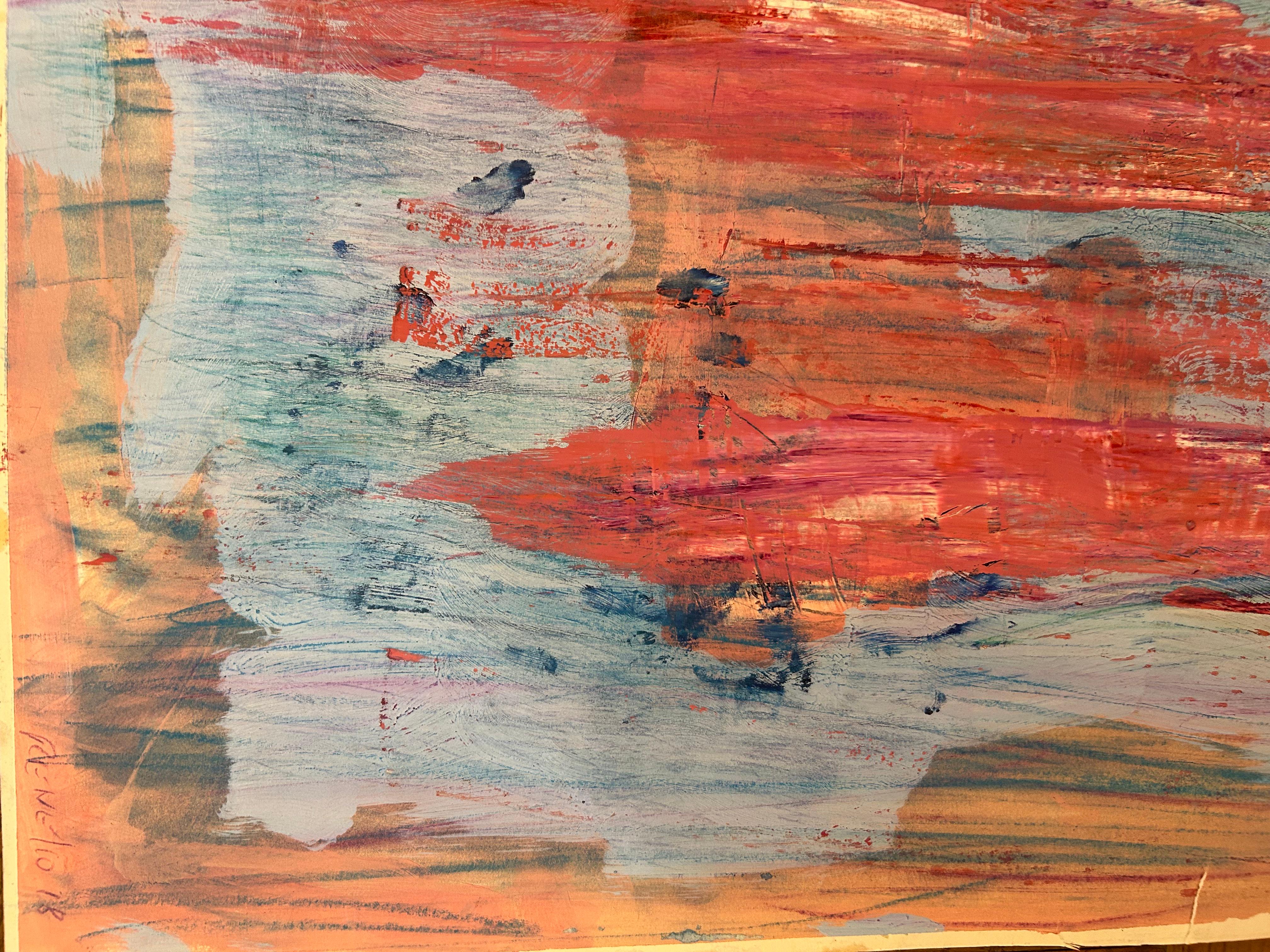 Orange und Blau Ölpastell und Gemälde in Mischtechnik auf Papier im Angebot 7