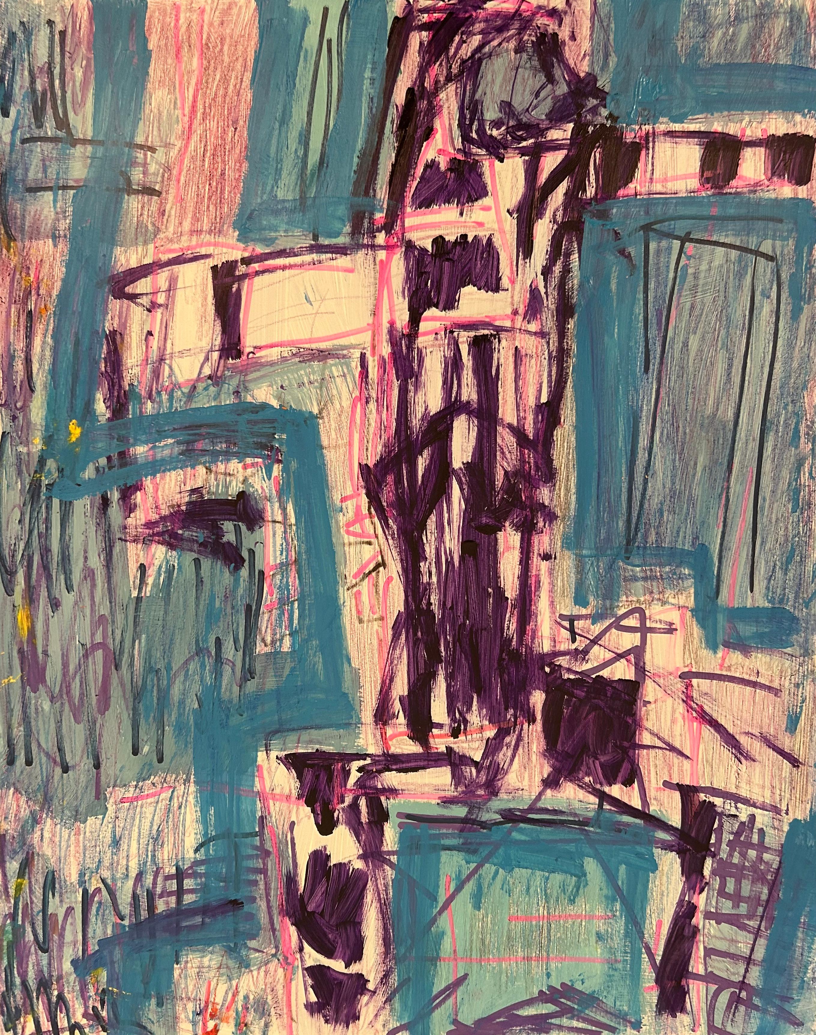 Disegno astratto espressionista blu e viola su carta - Mixed Media Art Espressionismo astratto di Renelio Marin