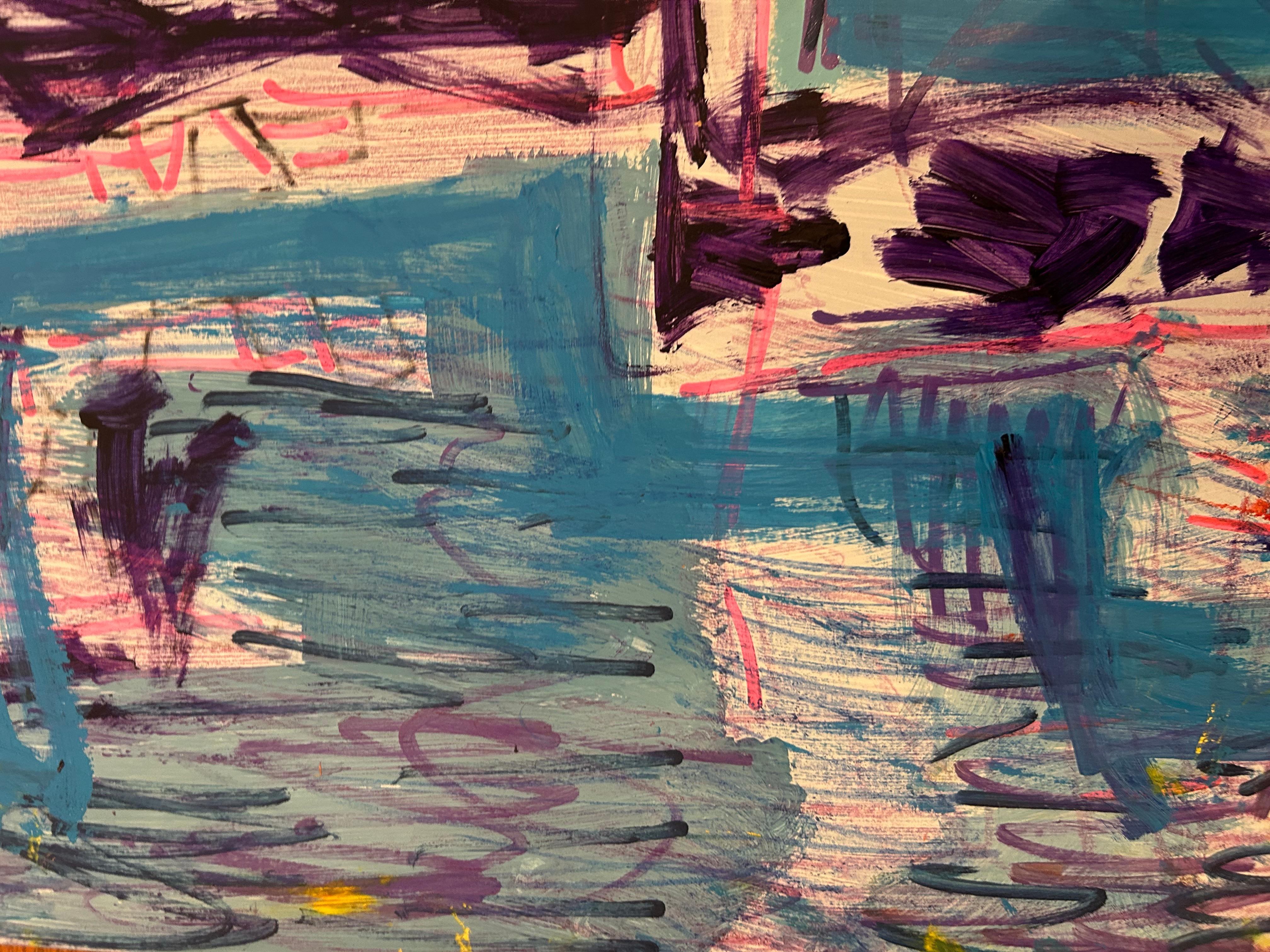 Disegno astratto espressionista blu e viola su carta in vendita 4