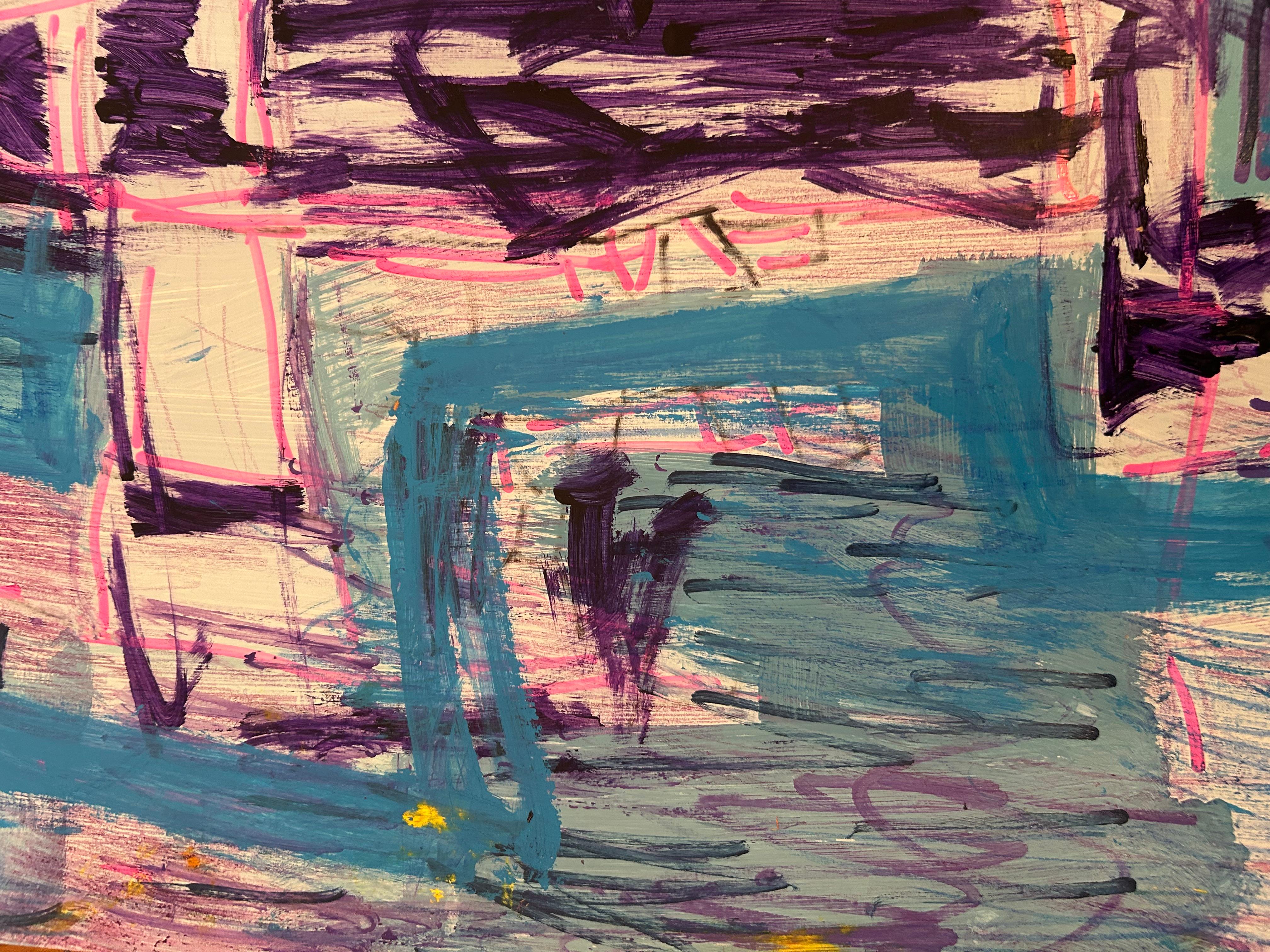 Disegno astratto espressionista blu e viola su carta in vendita 1