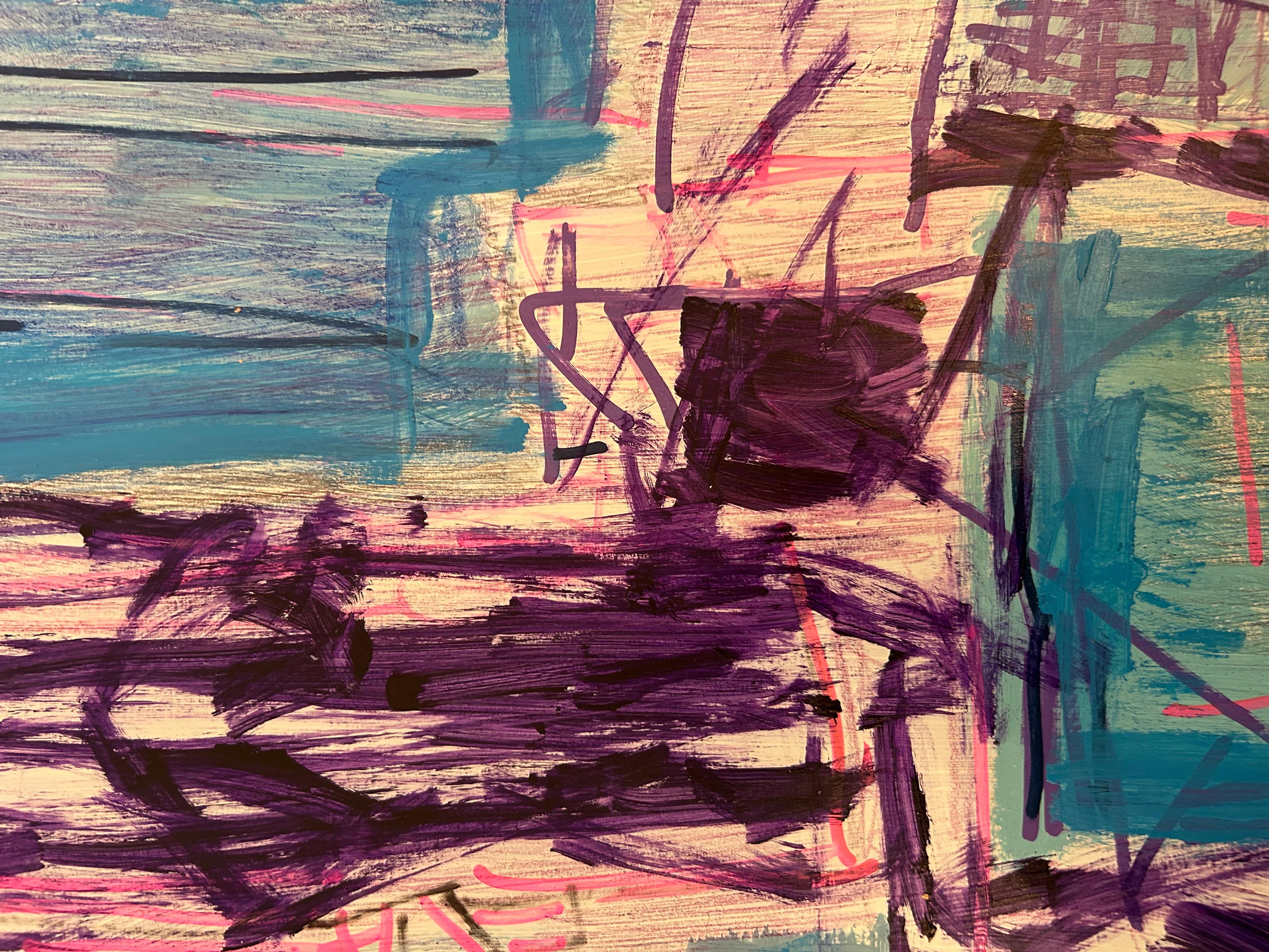 Disegno astratto espressionista blu e viola su carta in vendita 3
