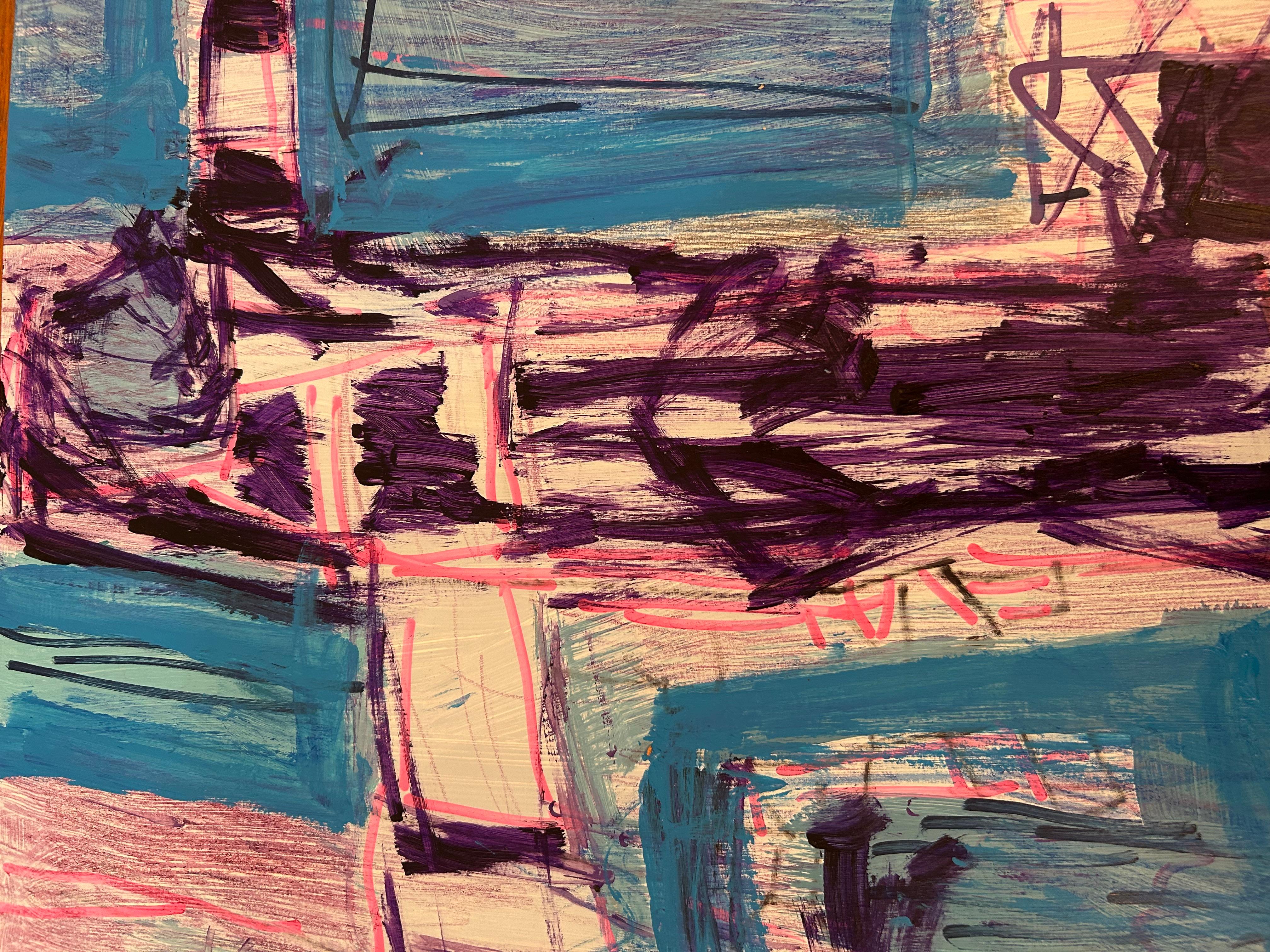 Disegno astratto espressionista blu e viola su carta in vendita 2