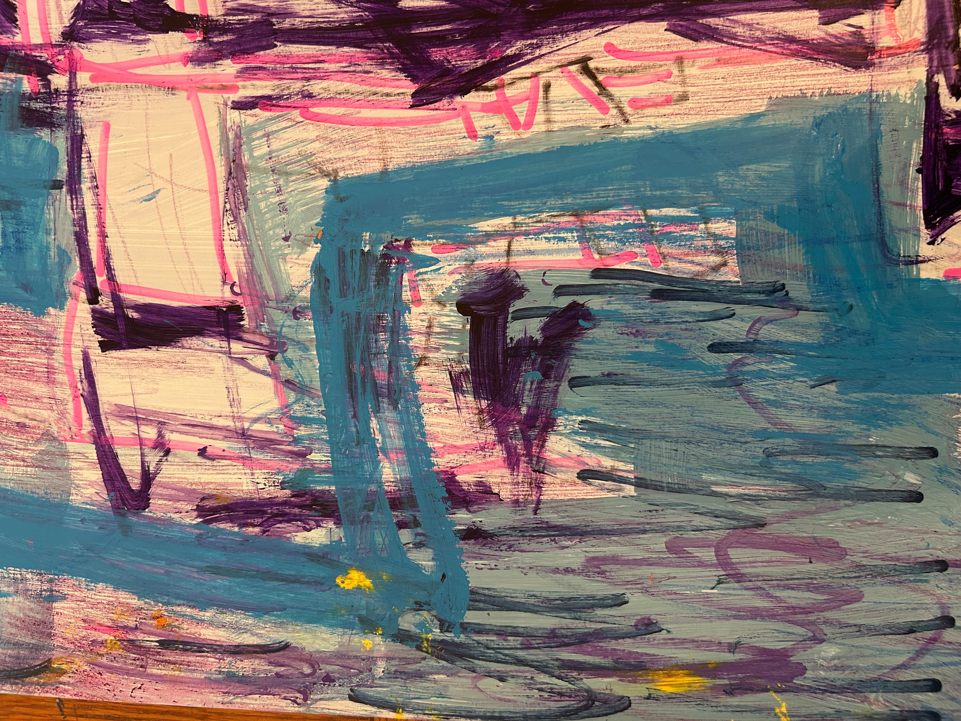 Disegno astratto espressionista blu e viola su carta in vendita 5