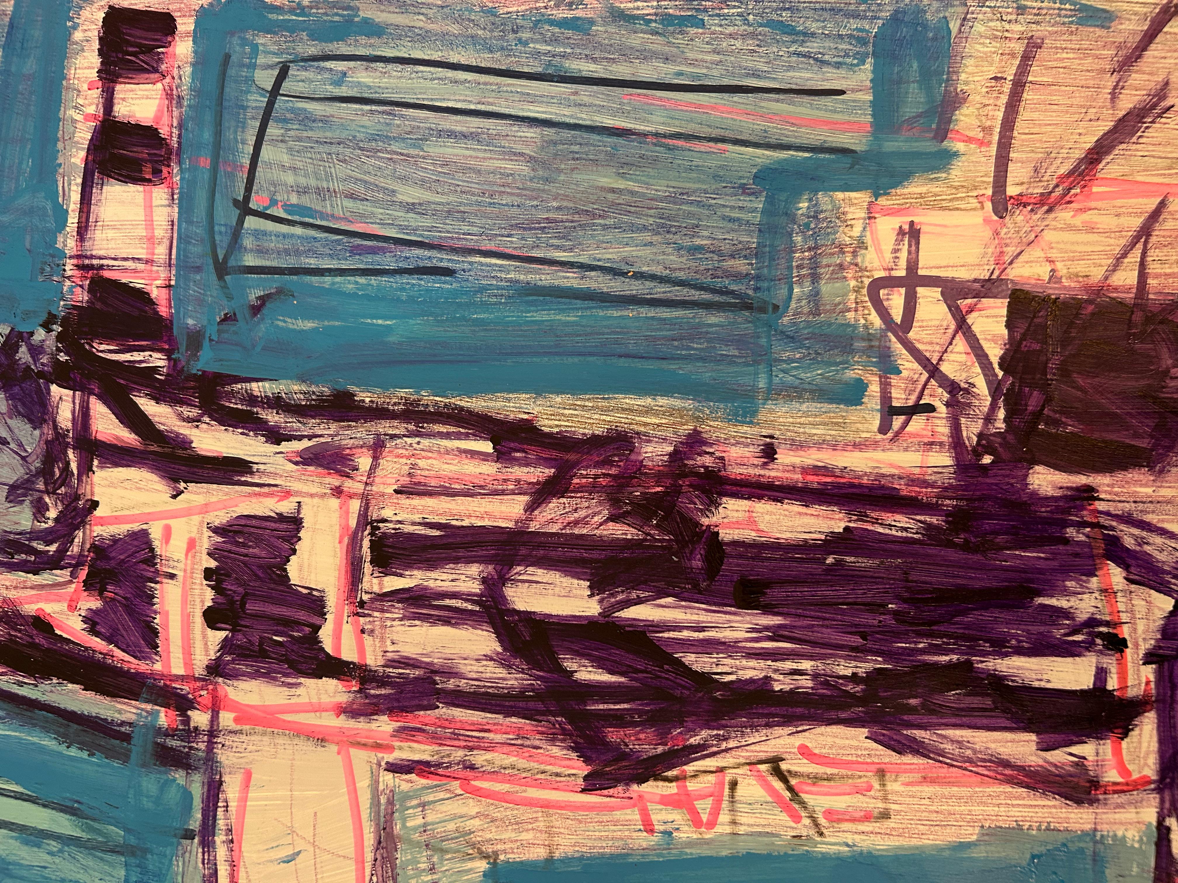 Disegno astratto espressionista blu e viola su carta in vendita 6