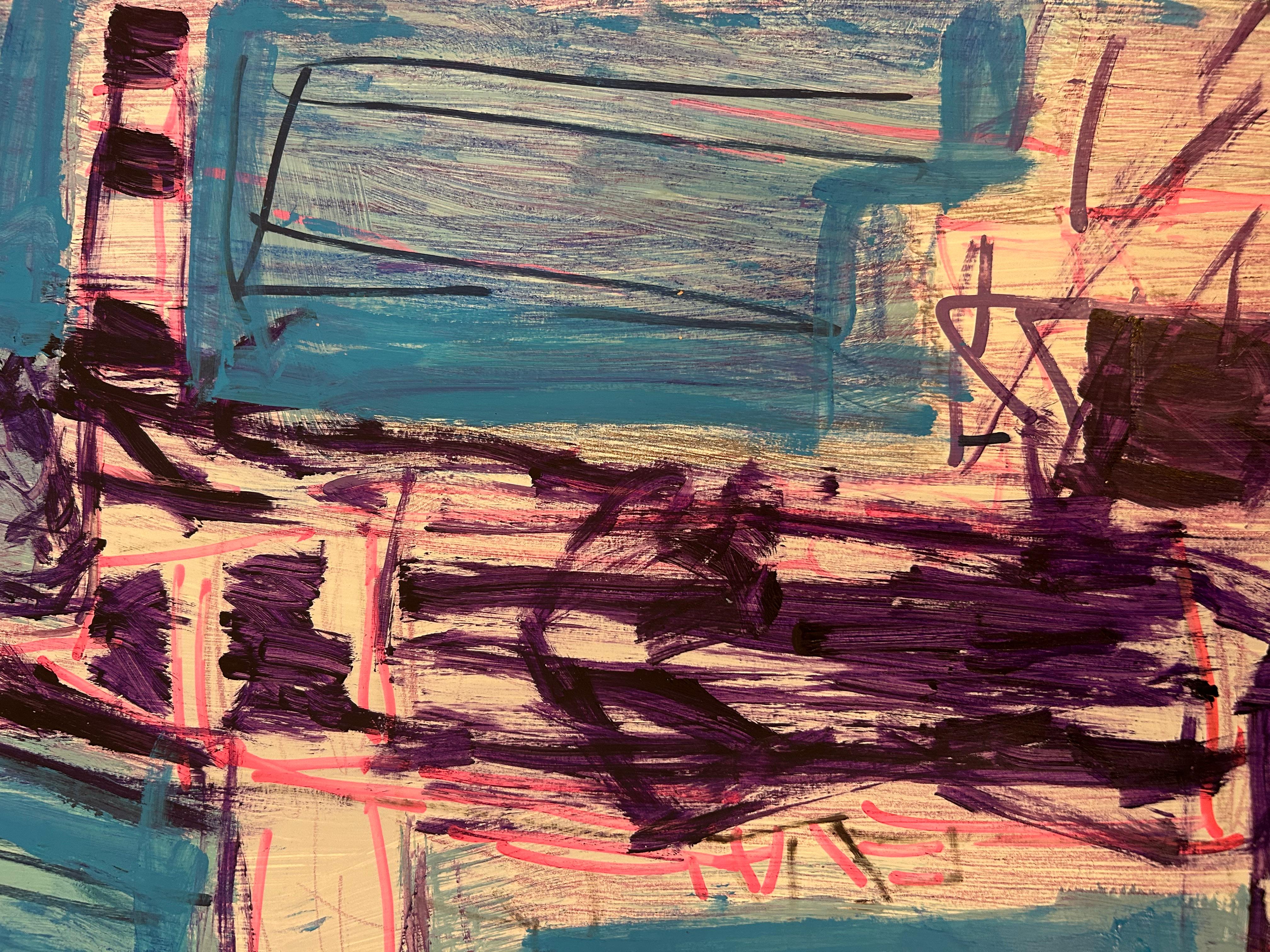 Disegno astratto espressionista blu e viola su carta in vendita 7