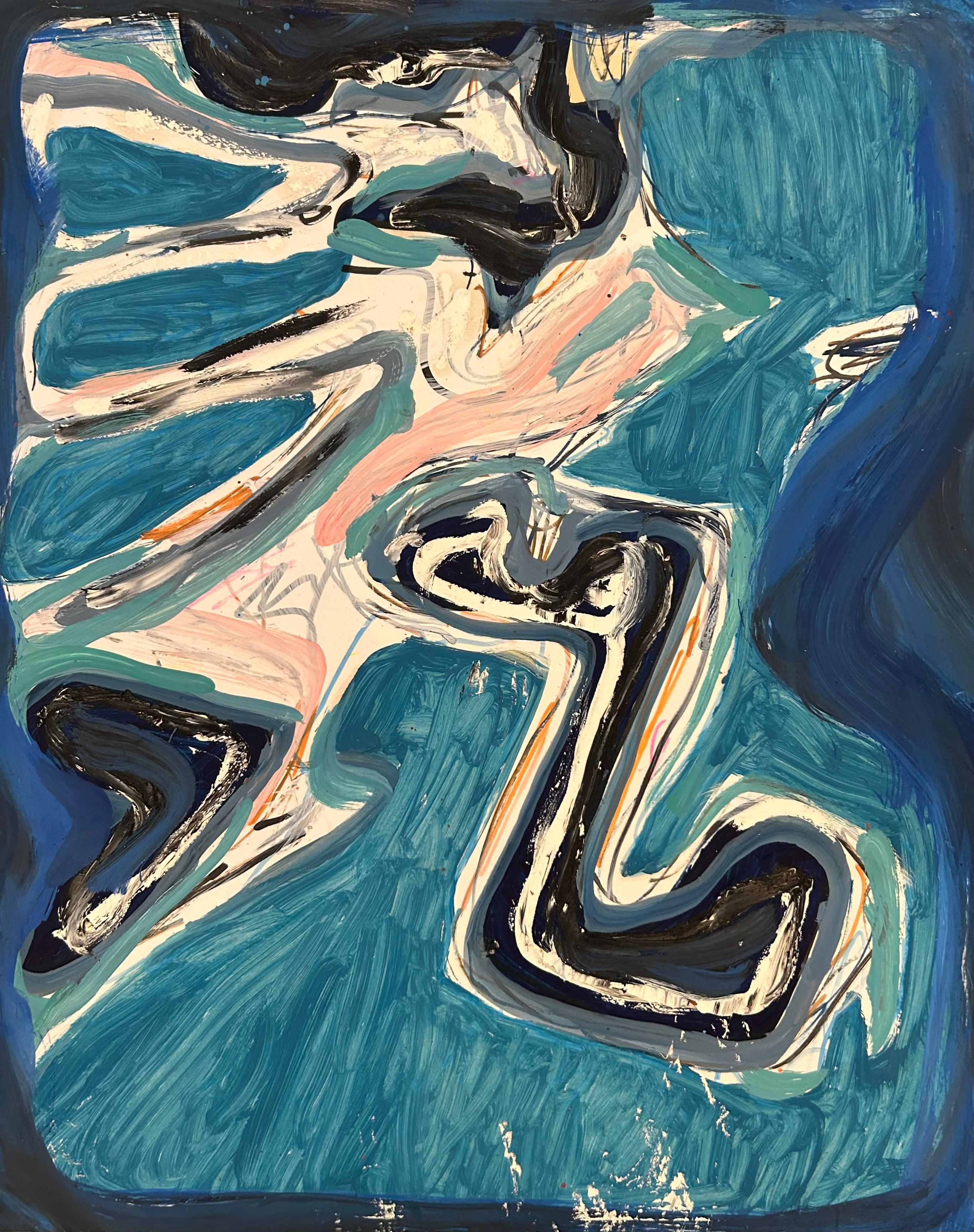 Graffiti Style Abstract Blue and Black Mixed Media Painting on Paper - Abstract Expressionist Mixed Media Art by Renelio Marin