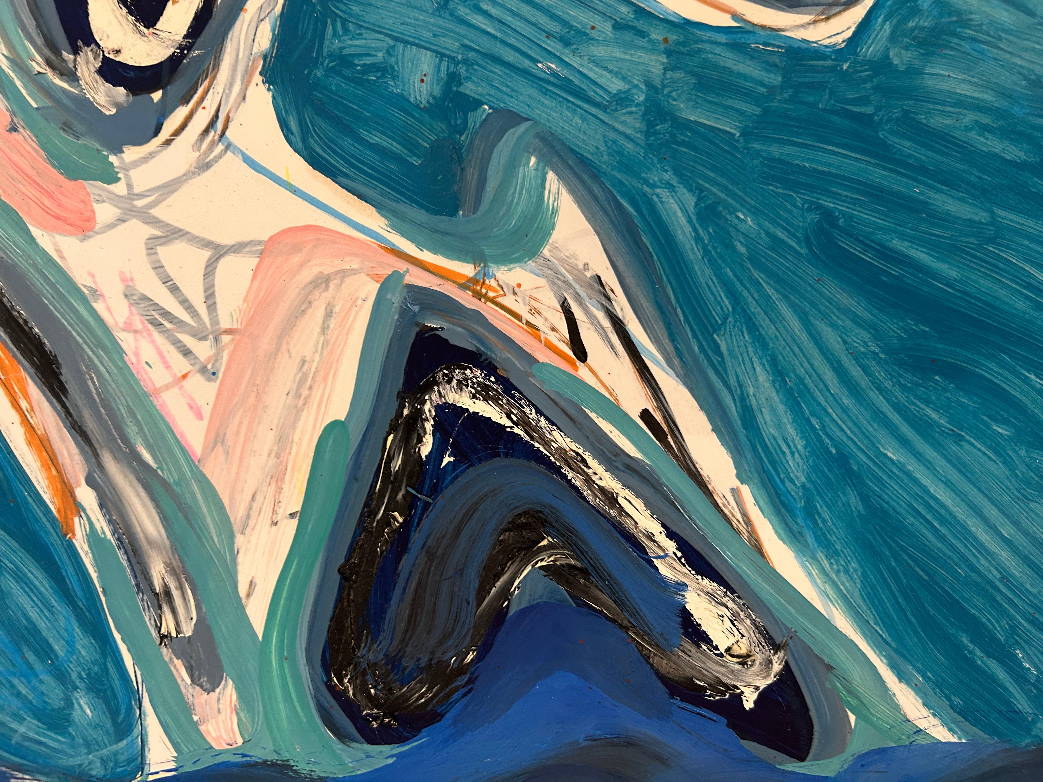 Graffiti Style Abstract Blue and Black Mixed Media Painting on Paper For Sale 1