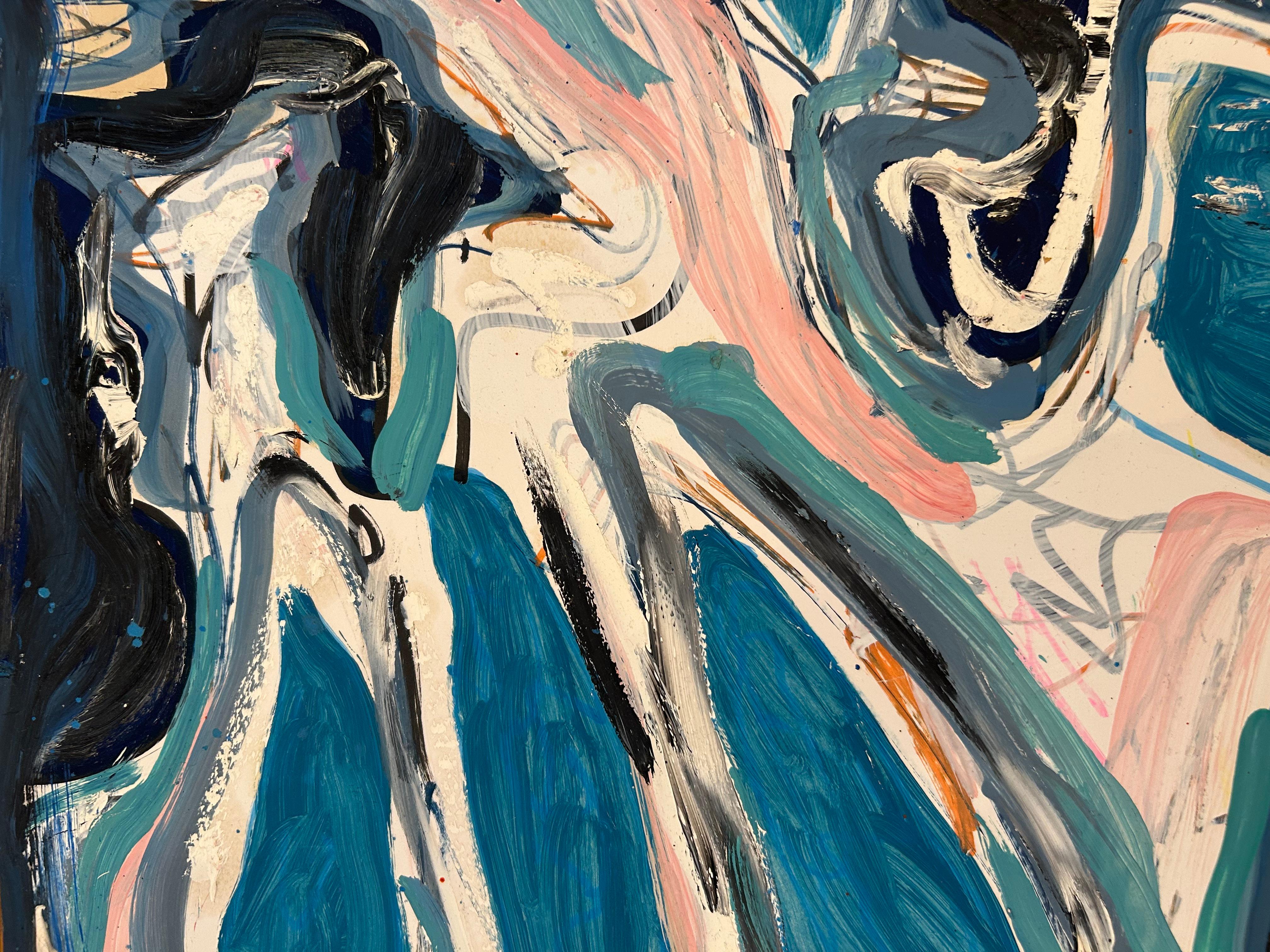Graffiti Style Abstract Blue and Black Mixed Media Painting on Paper For Sale 3