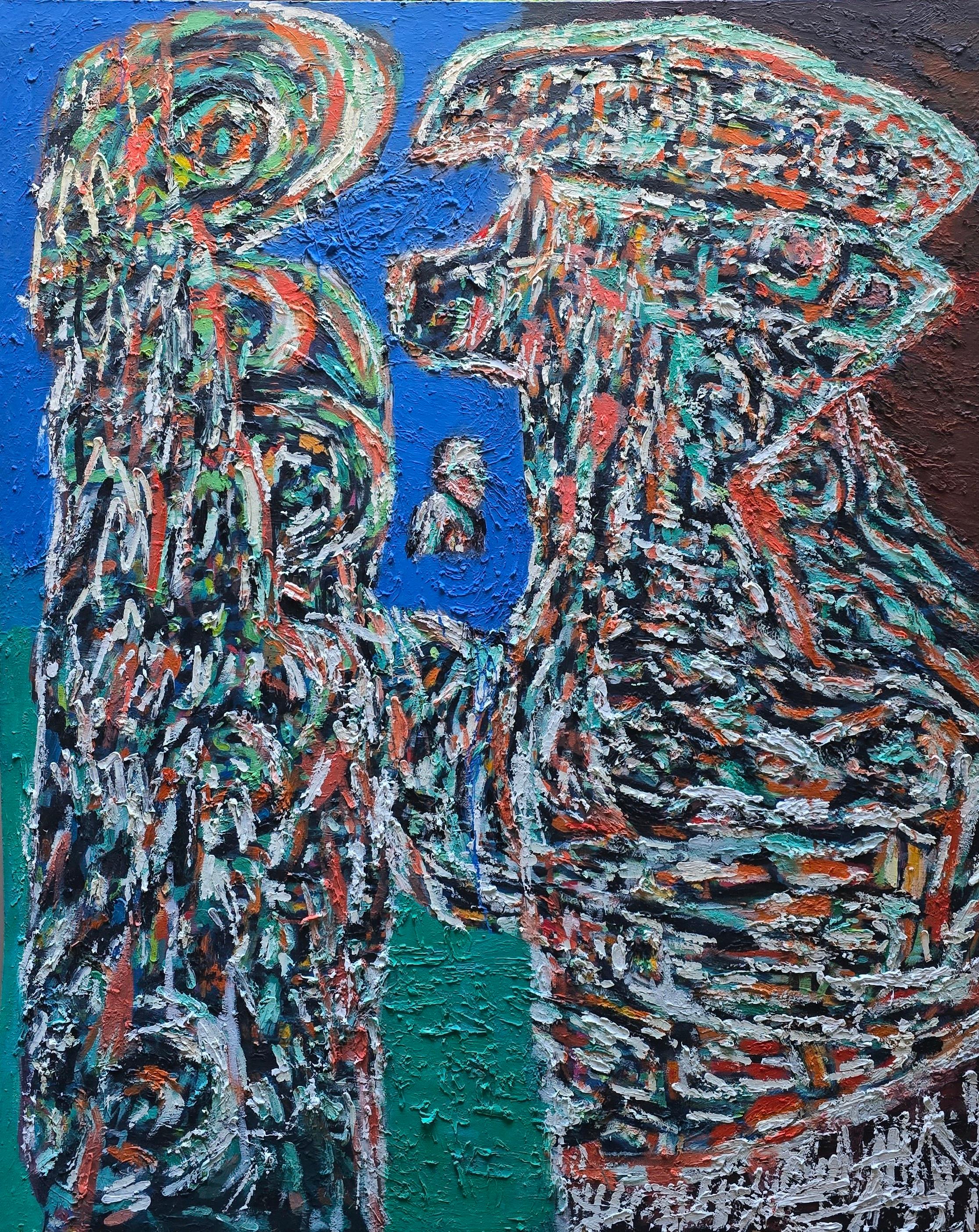 Pintura Mixta Abstracta Azul y Negra sobre Papel Estilo Graffiti