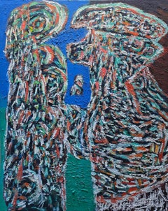 Pittura astratta in stile graffiti con tecnica mista blu e nera su carta