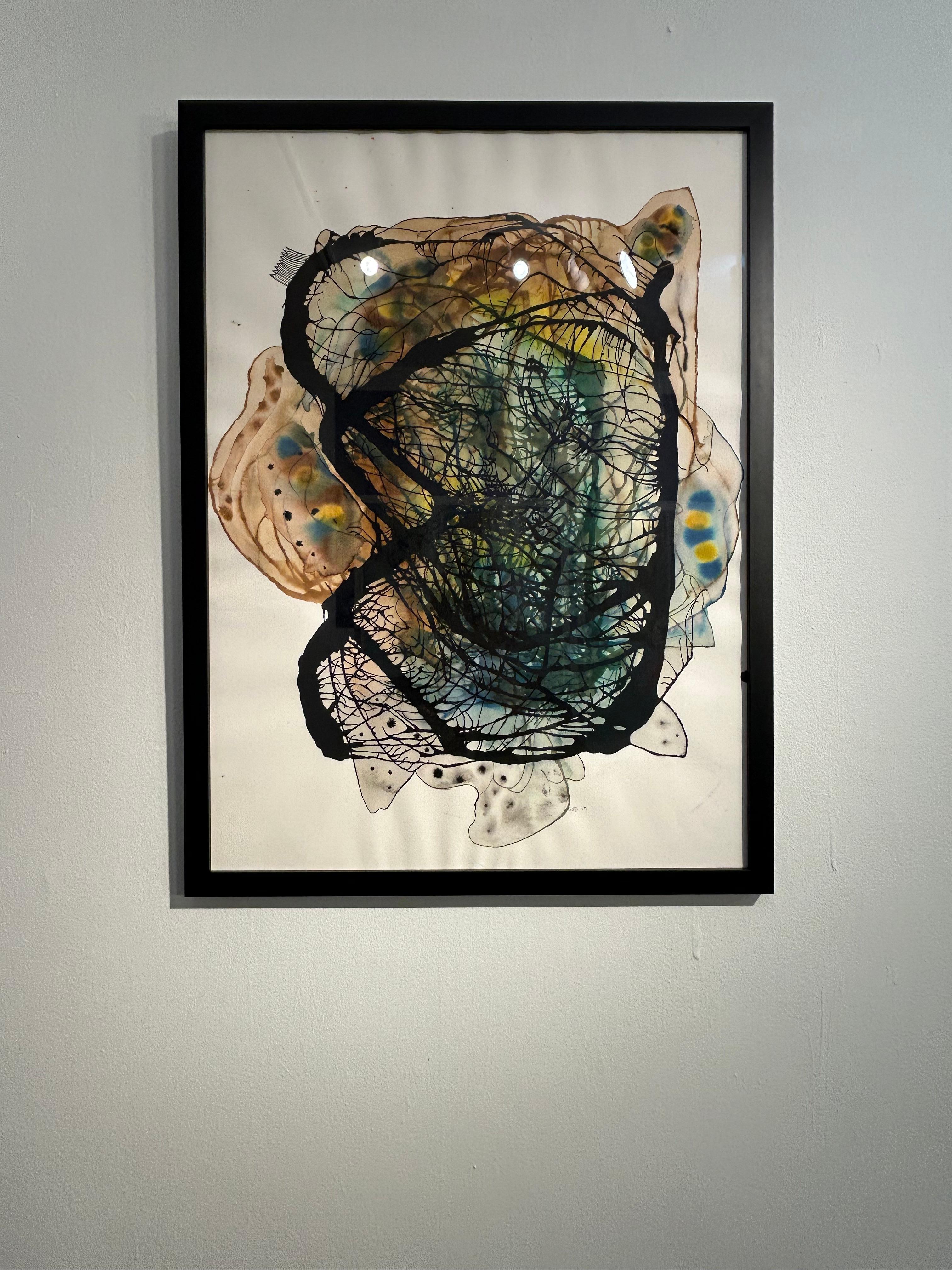 Pintura en acuarela enmarcada sobre papel indio hecho a mano: Mirlo B - Art Geométrico abstracto de Guillermo Bublik