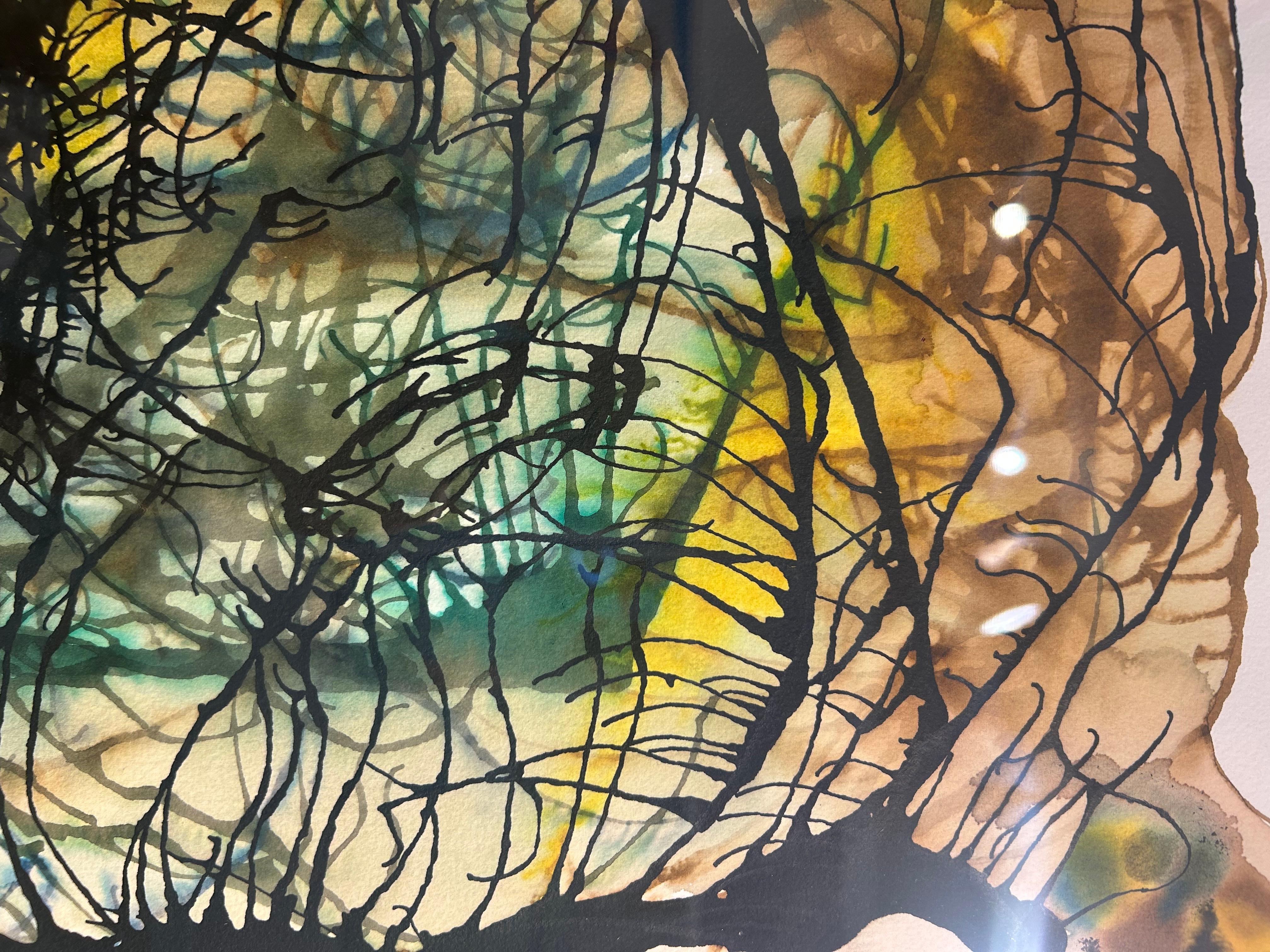 Pintura en acuarela enmarcada sobre papel indio hecho a mano: Mirlo B en venta 7