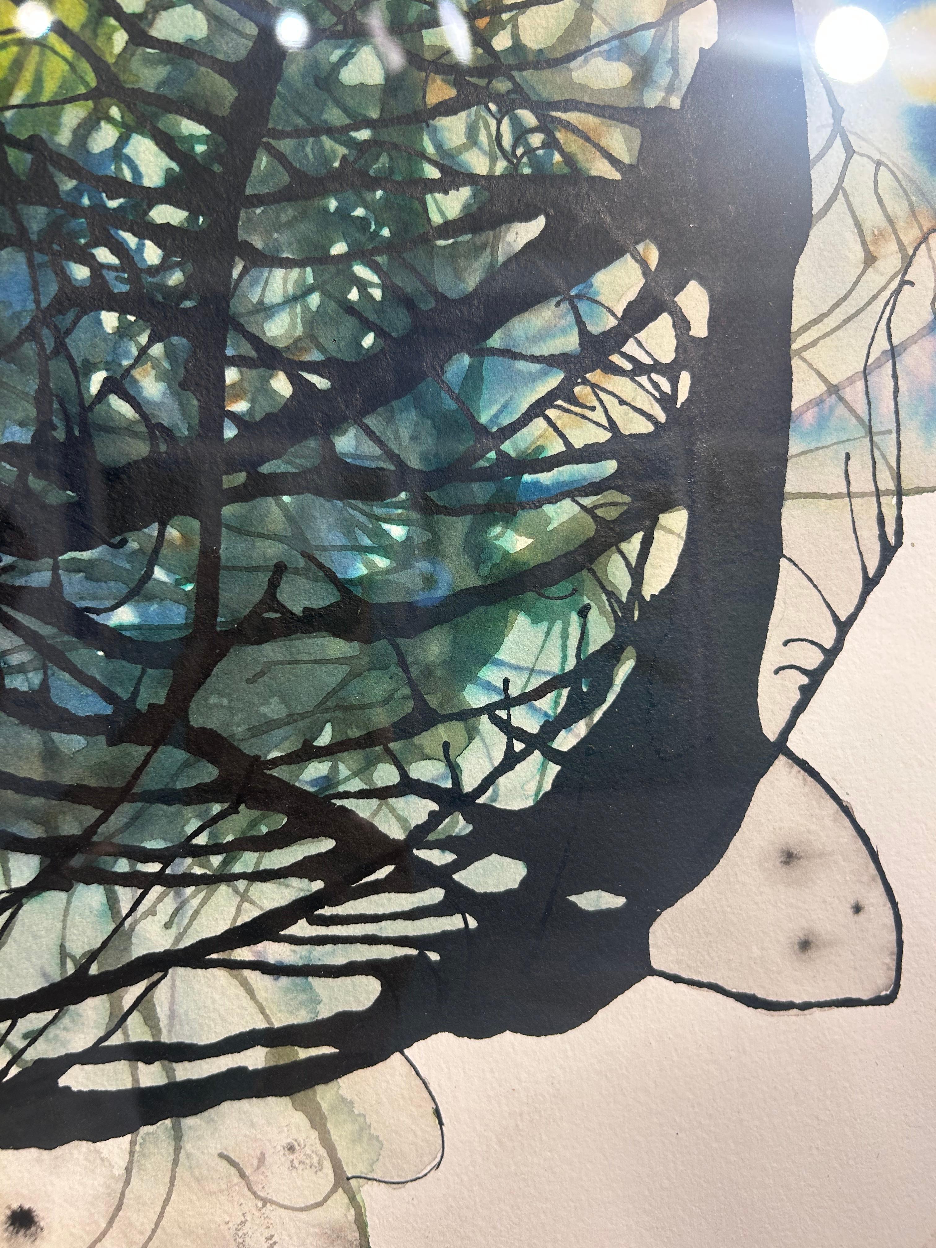 Pintura en acuarela enmarcada sobre papel indio hecho a mano: Mirlo B en venta 5
