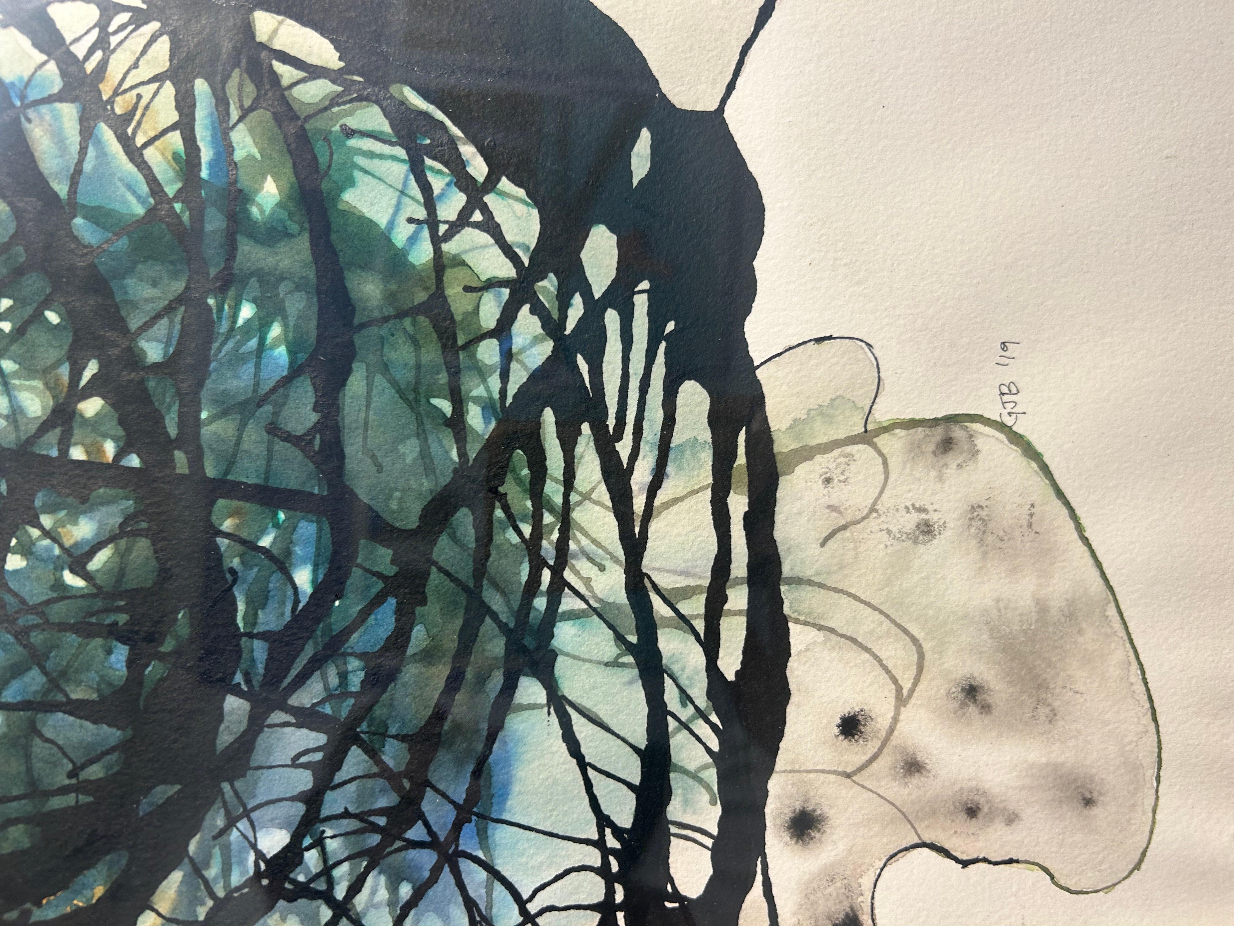 Pintura en acuarela enmarcada sobre papel indio hecho a mano: Mirlo B en venta 13