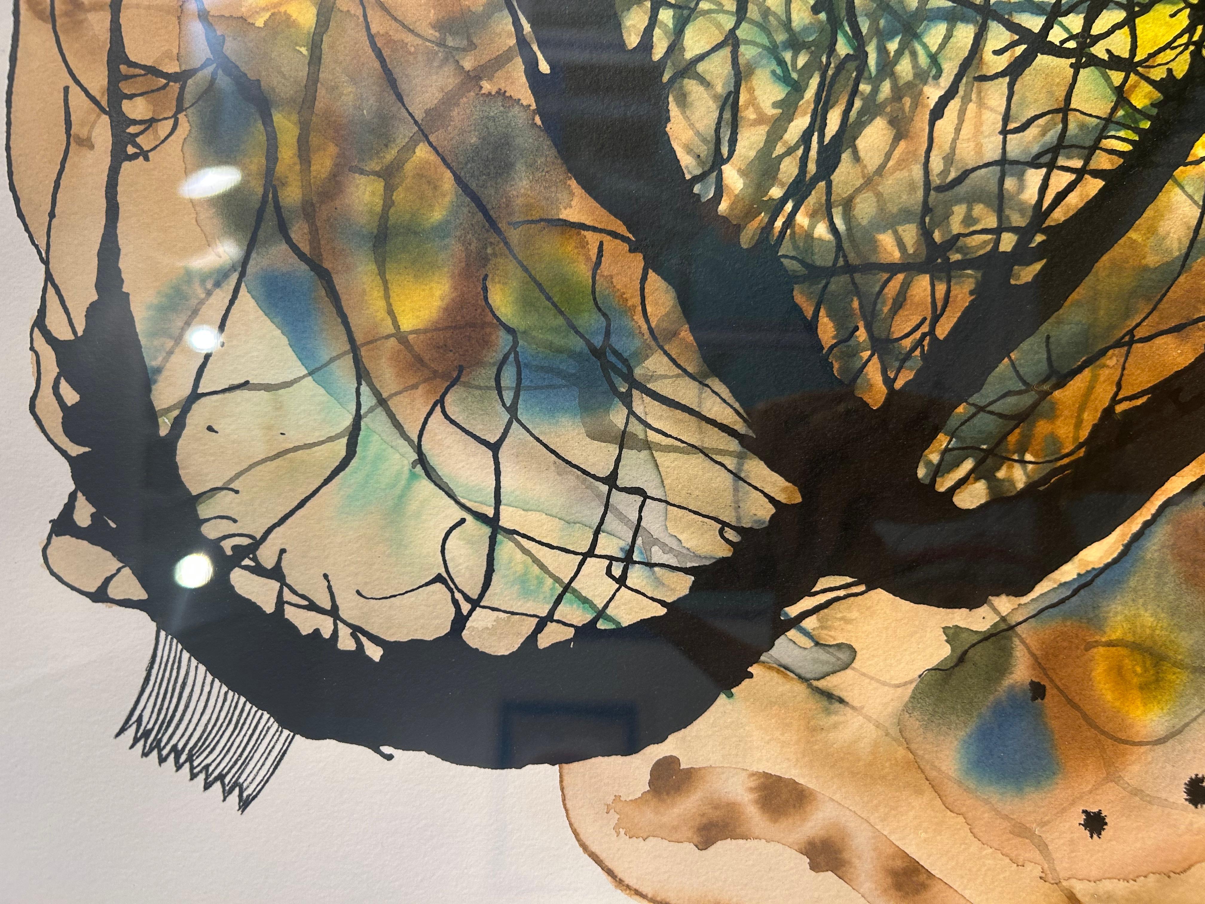 Pintura en acuarela enmarcada sobre papel indio hecho a mano: Mirlo B en venta 11