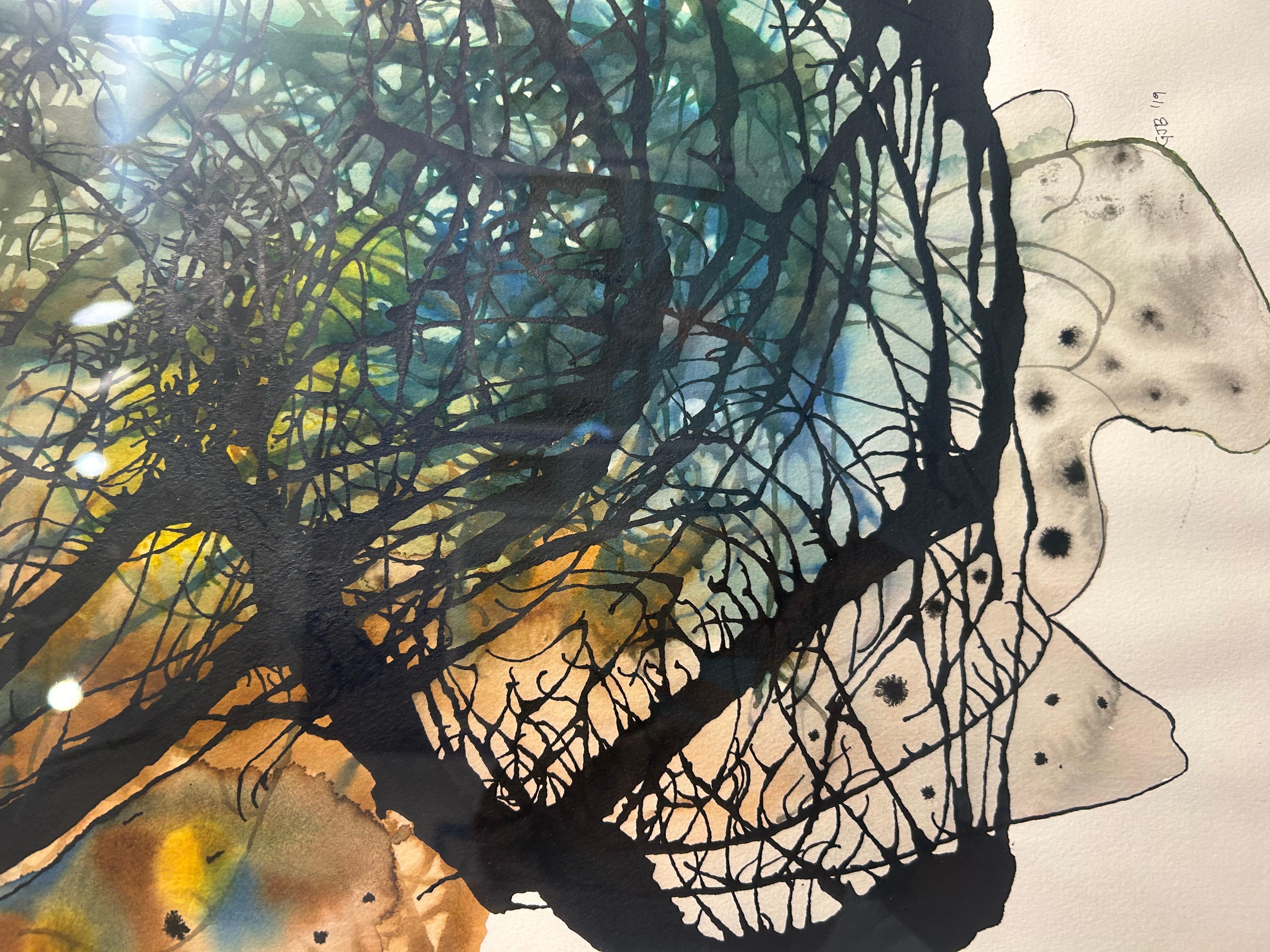 Pintura en acuarela enmarcada sobre papel indio hecho a mano: Mirlo B en venta 12