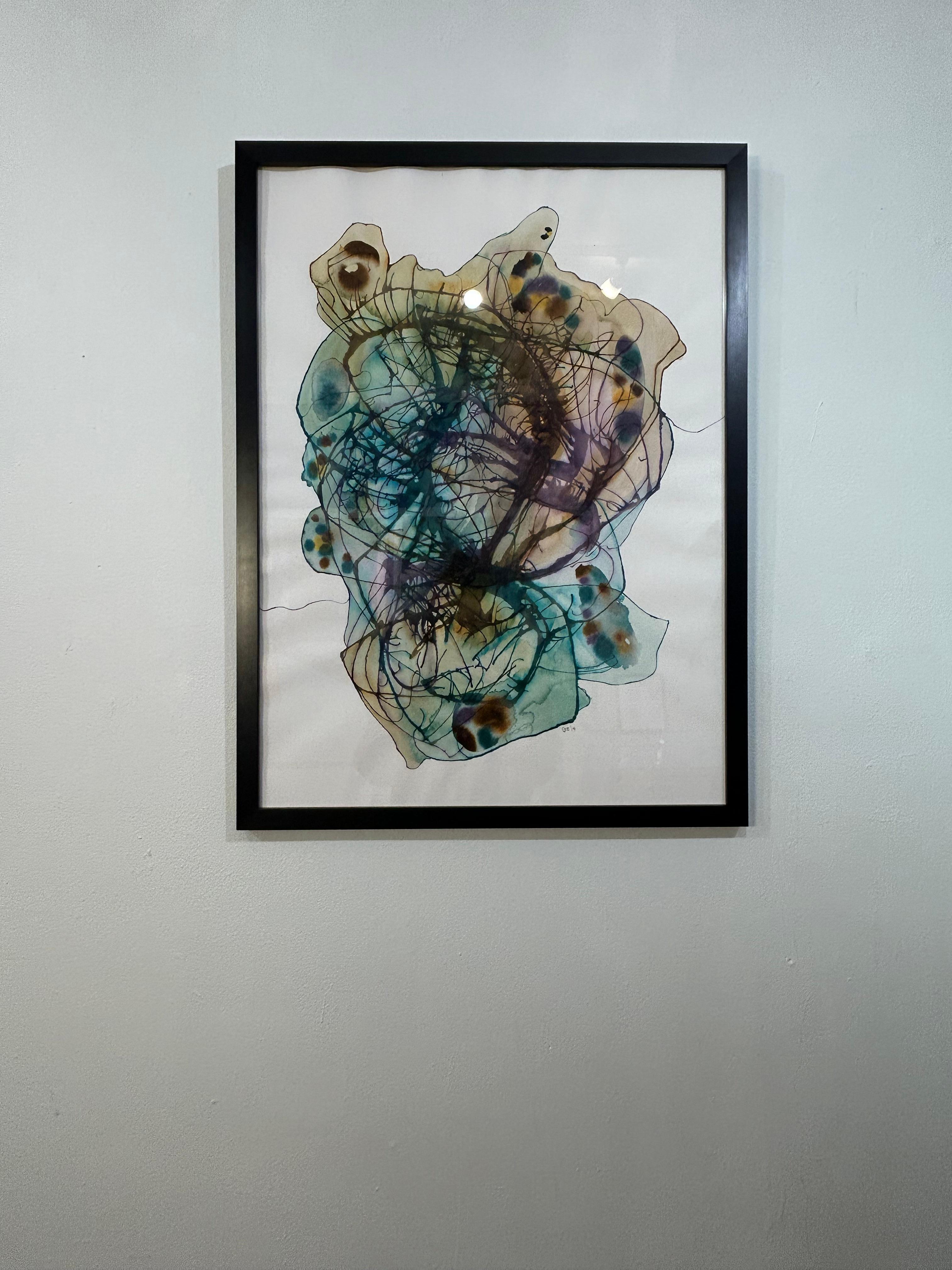 Framed Watercolor Painting on Handmade Indian Paper: Blackbird D - Abstract Expressionist Art by Guillermo Bublik