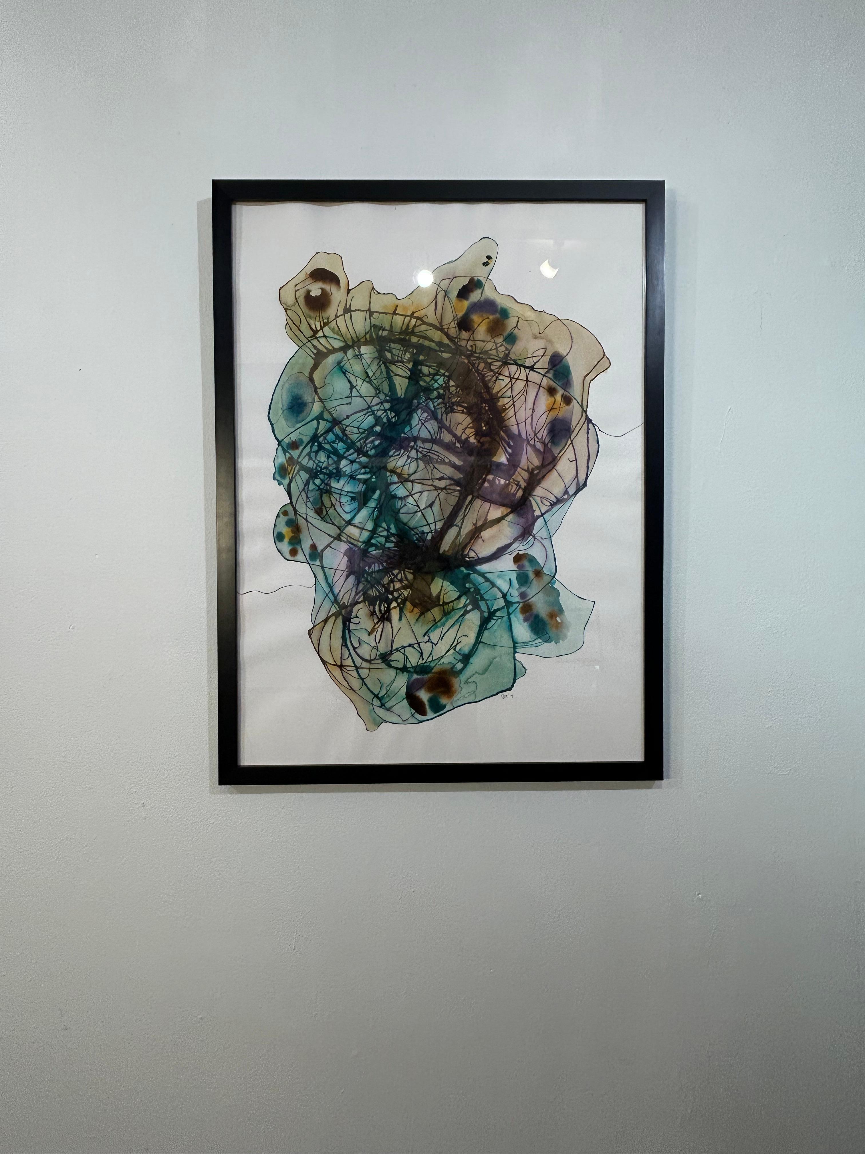 Framed Watercolor Painting on Handmade Indian Paper: Blackbird D - Gray Abstract Drawing by Guillermo Bublik