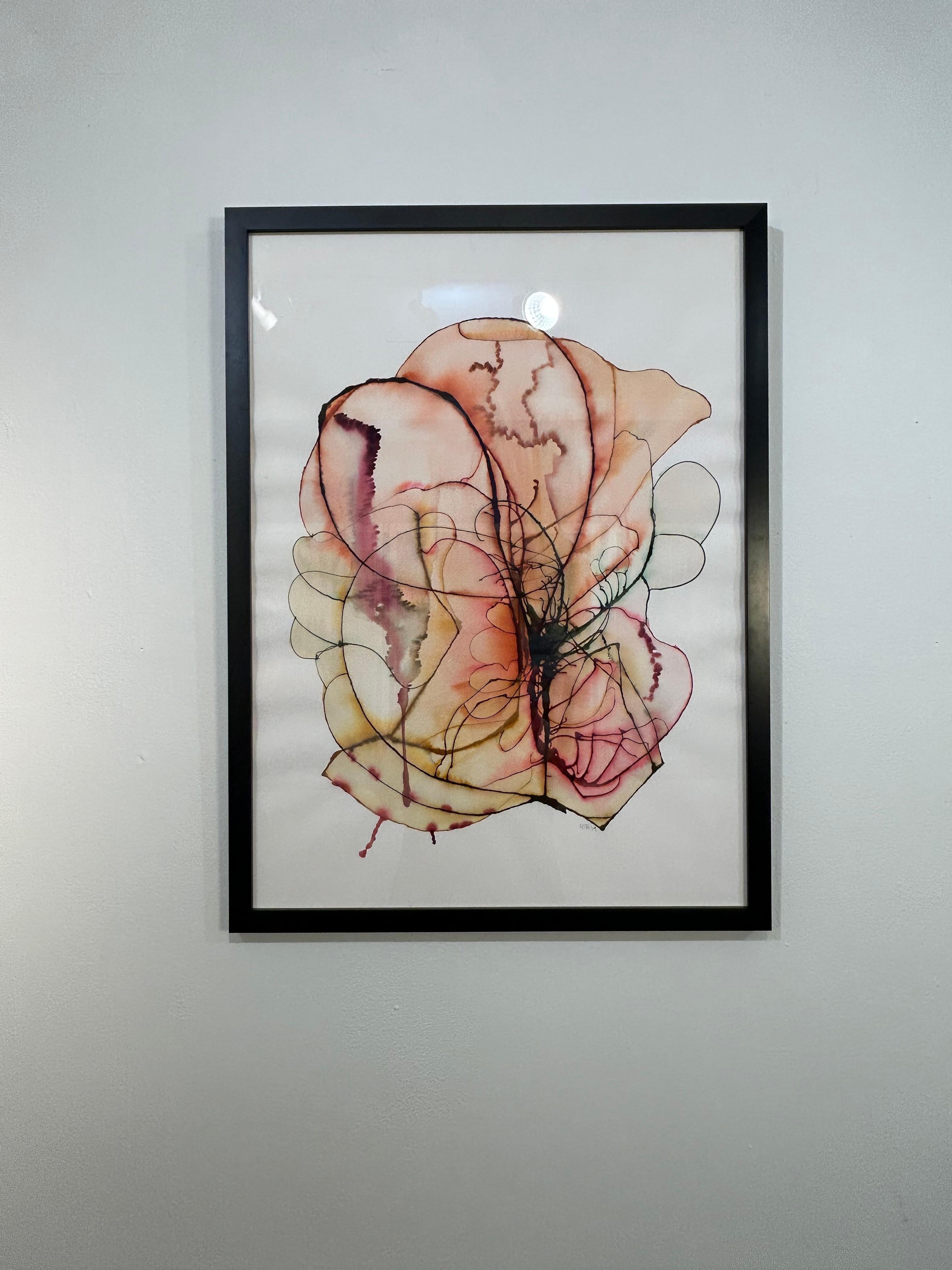 Framed Watercolor Painting on Handmade Indian Paper: Blackbird A - Abstract Expressionist Art by Guillermo Bublik