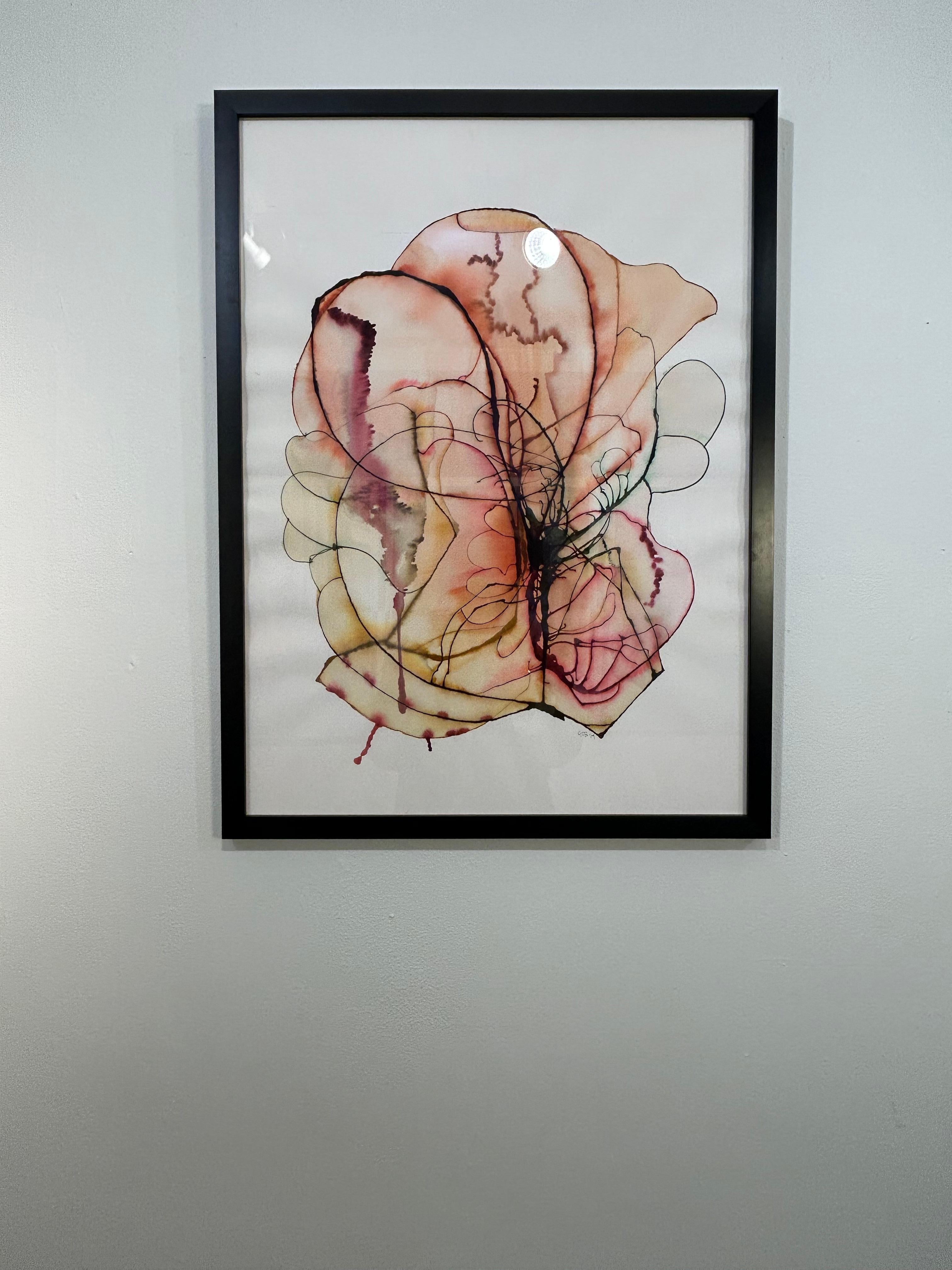 Framed Watercolor Painting on Handmade Indian Paper: Blackbird A - Beige Abstract Drawing by Guillermo Bublik