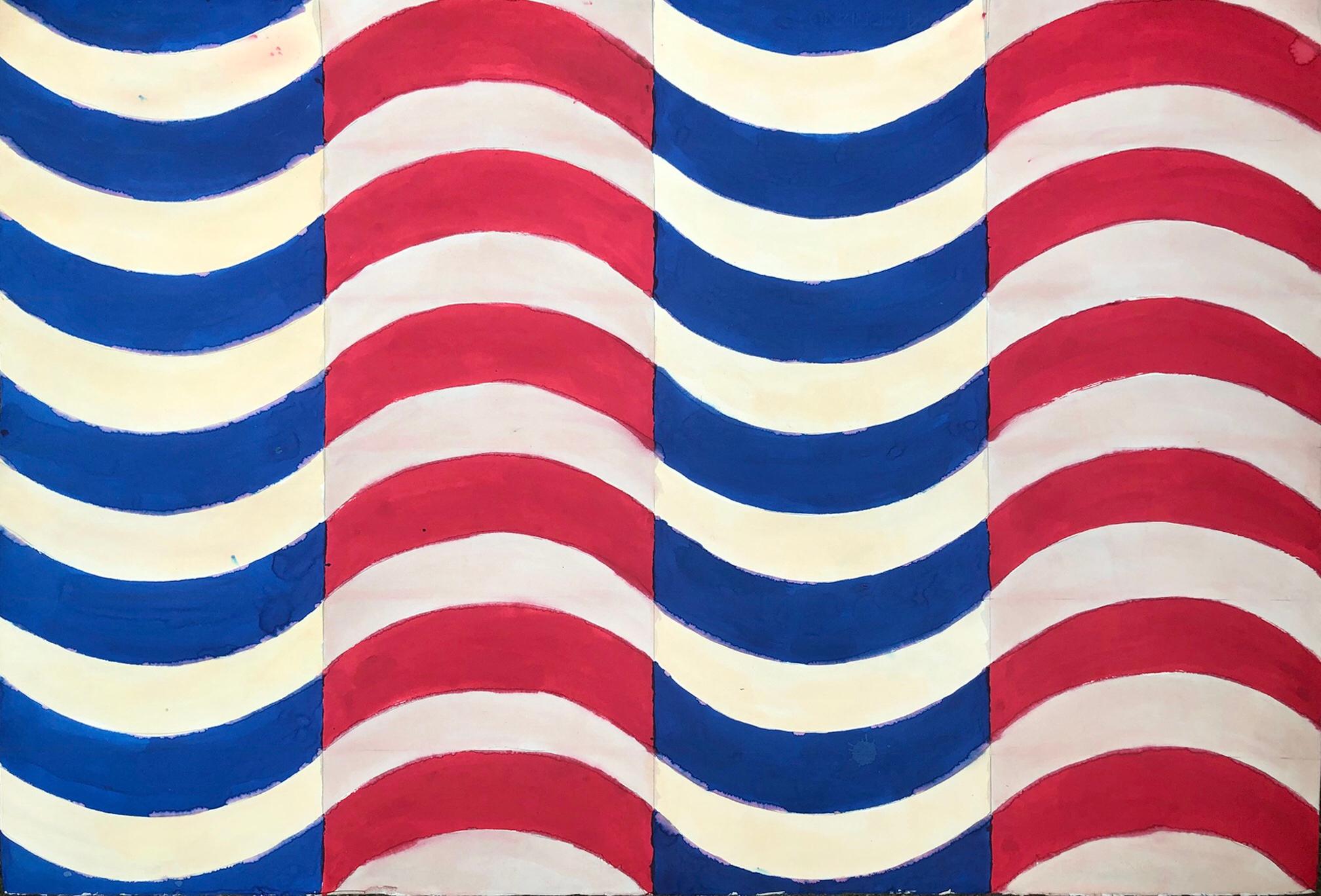 Renelio Marin Landscape Art - Waves: Geometric Red White and Blue Watercolor Abstract Painting and Drawing