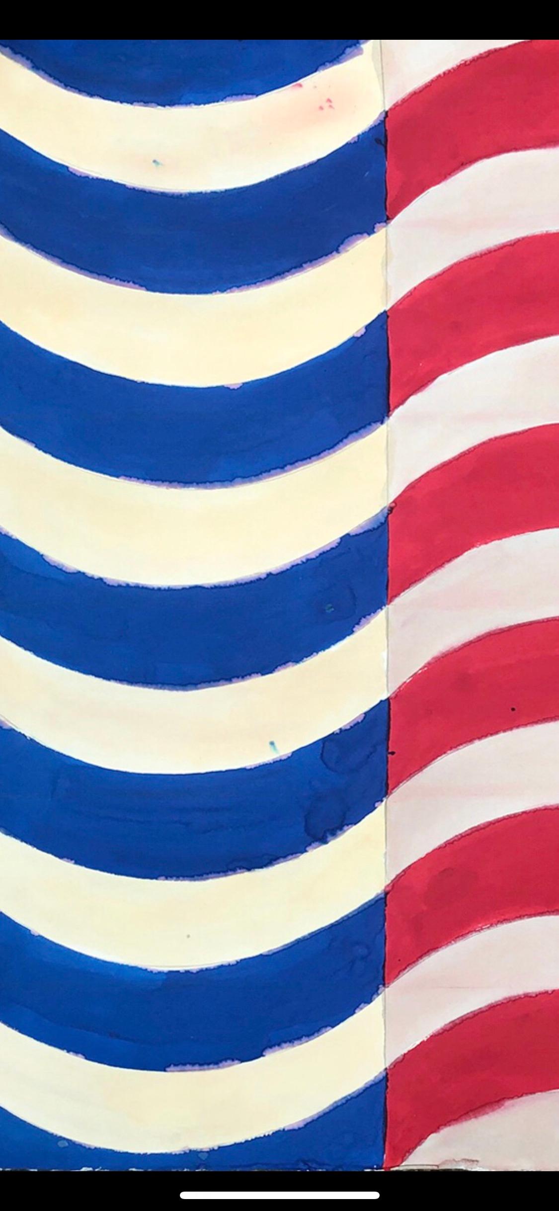 Waves: Geometric Red White and Blue Watercolor Abstract Painting and Drawing - Art by Renelio Marin