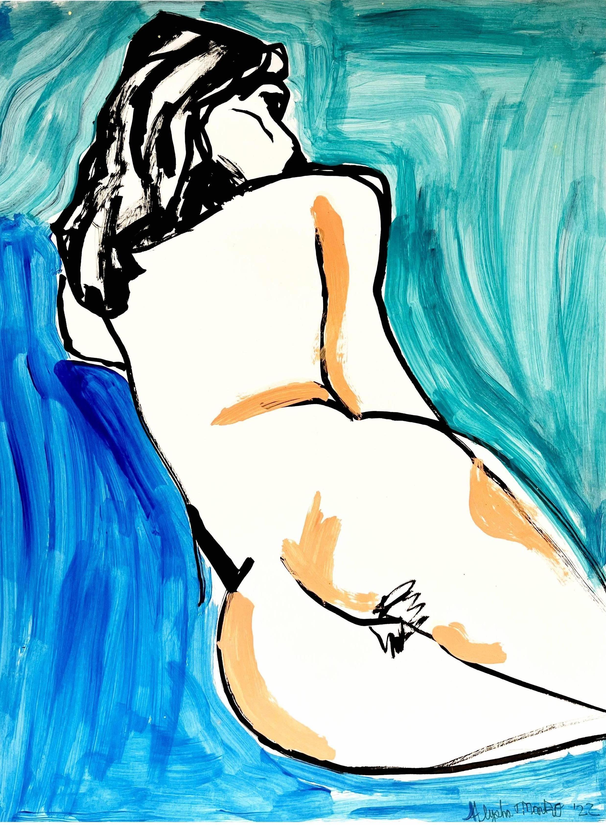 Alysha Marko Figurative Art - Nude woman (Blue): Original Contemporary Ink and Acrylic Drawing on Paper