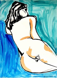 Femme nue (bleu) : dessin contemporain original à l'encre et à l'acrylique sur papier